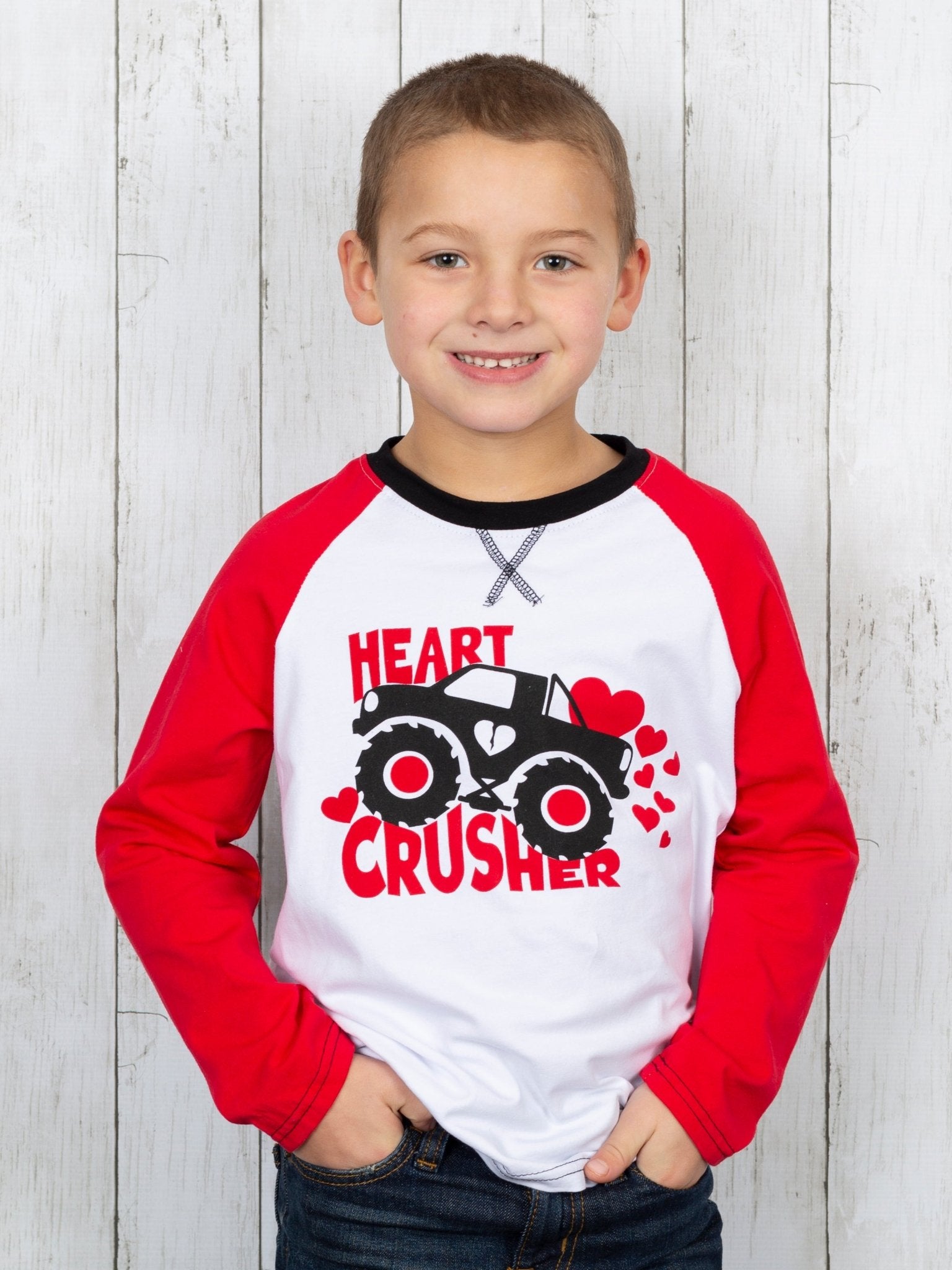 Red "Heart Crusher" Monster Truck Raglan Shirt - Marie Nicole Clothing