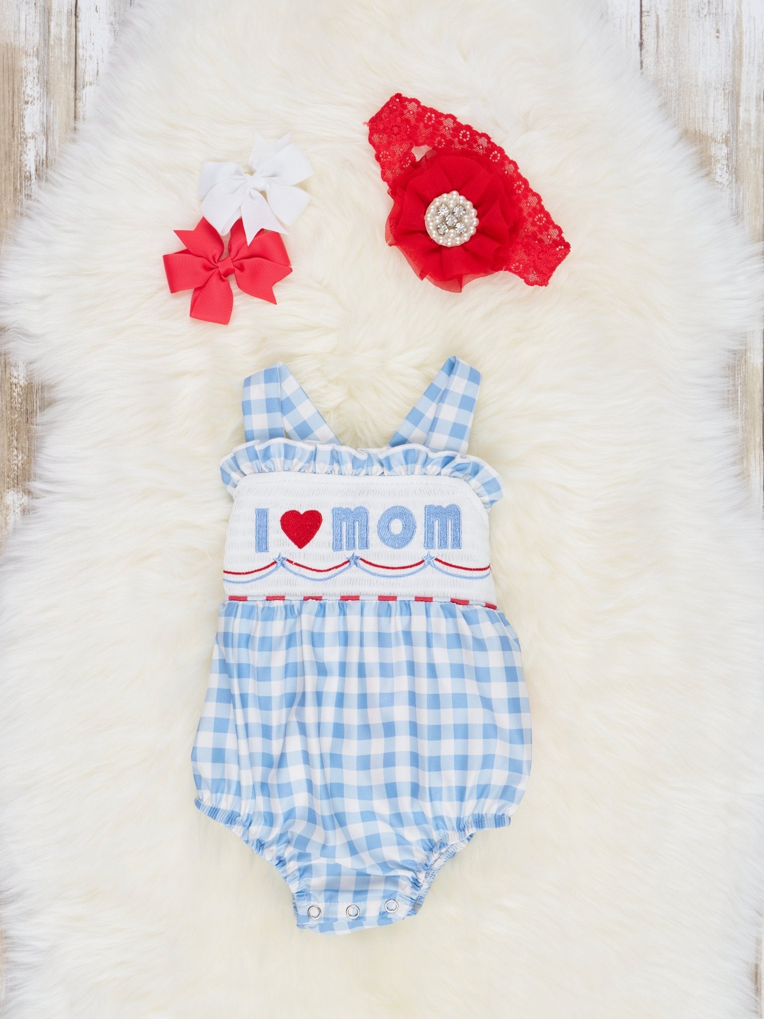 Gingham "I Love Mom" Smocked Bubble Romper - Marie Nicole Clothing