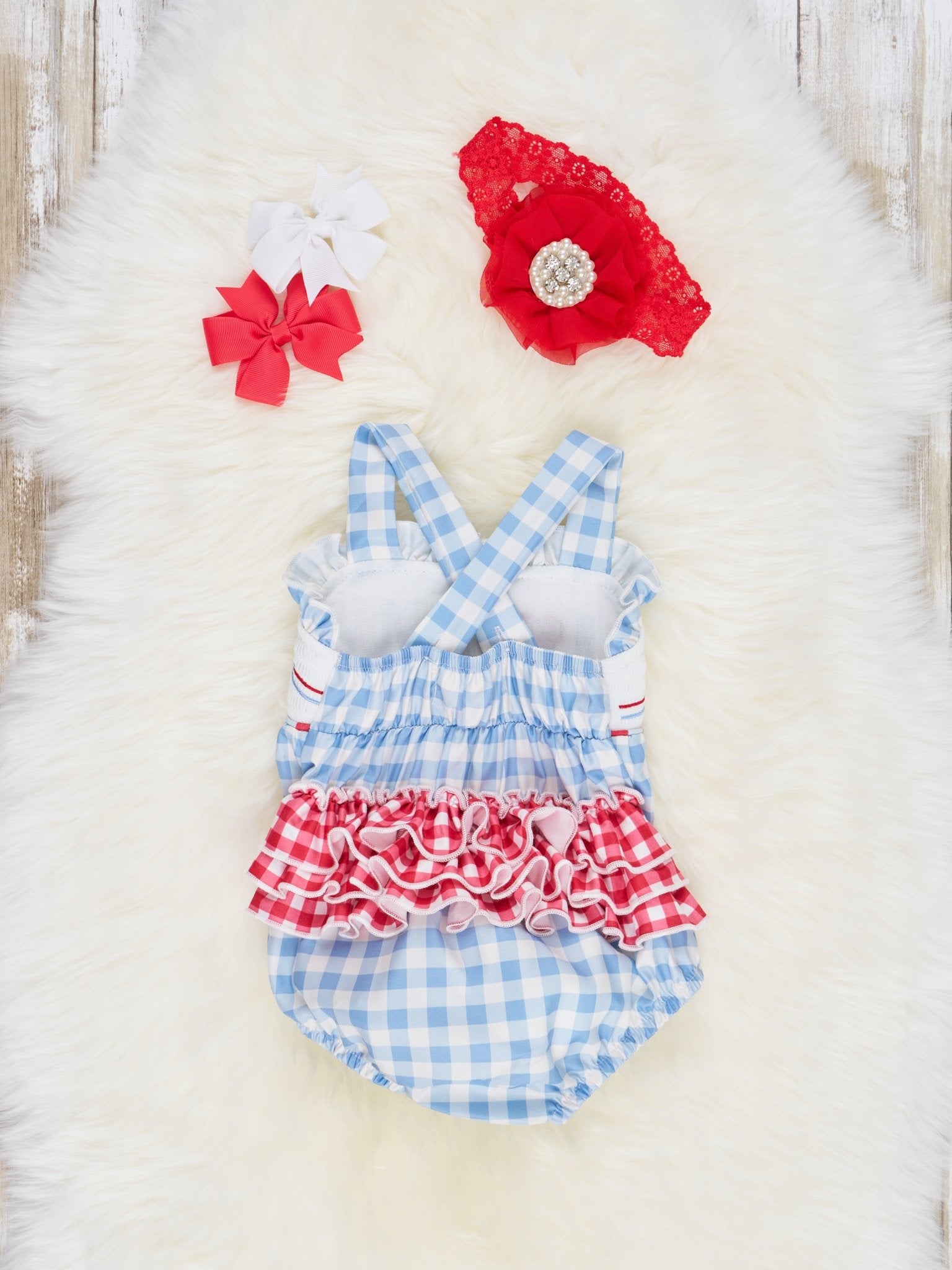 Gingham "I Love Mom" Smocked Bubble Romper - Marie Nicole Clothing