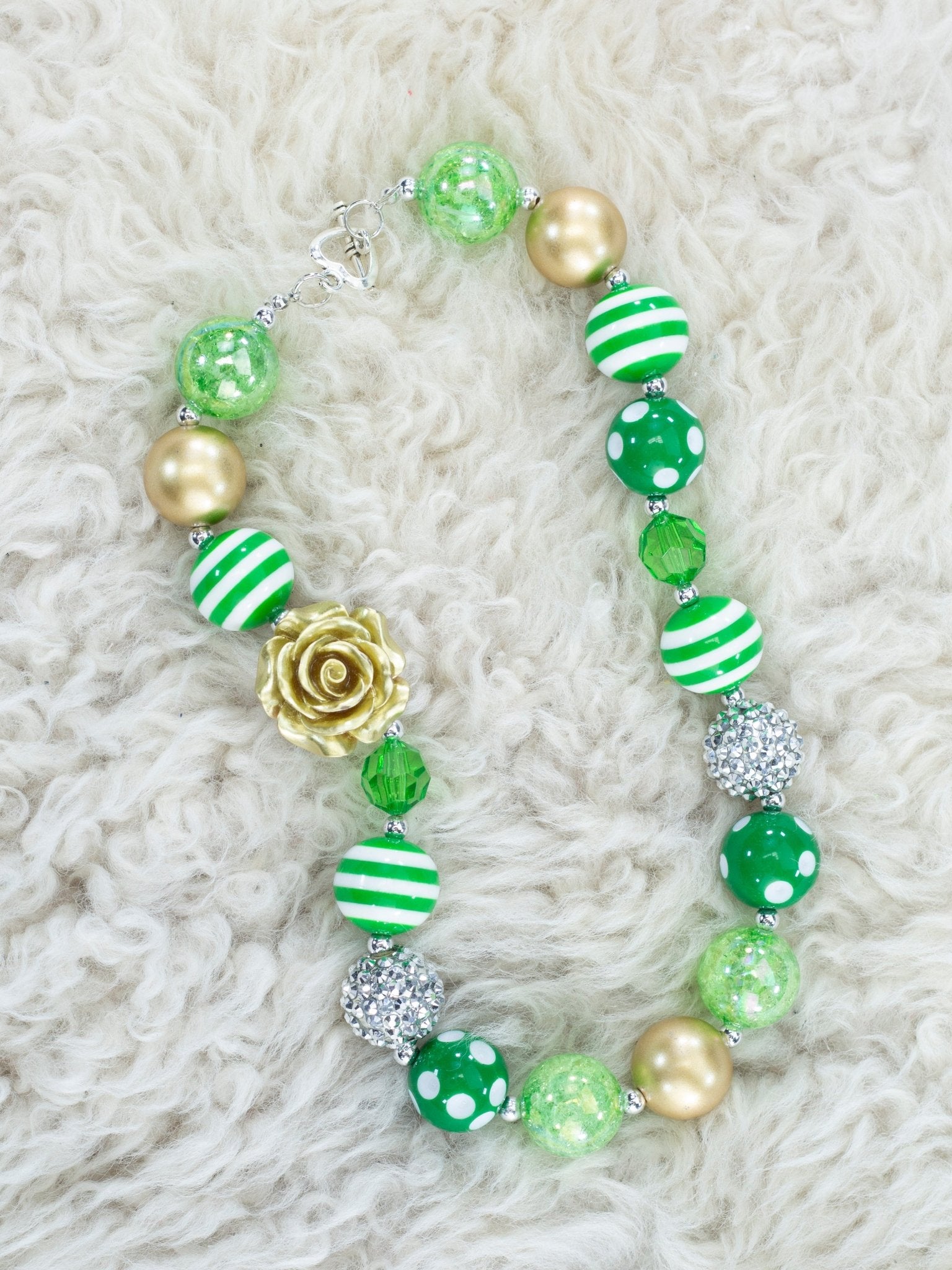 Green & Gold Rose Bubblegum Necklace - Marie Nicole Clothing