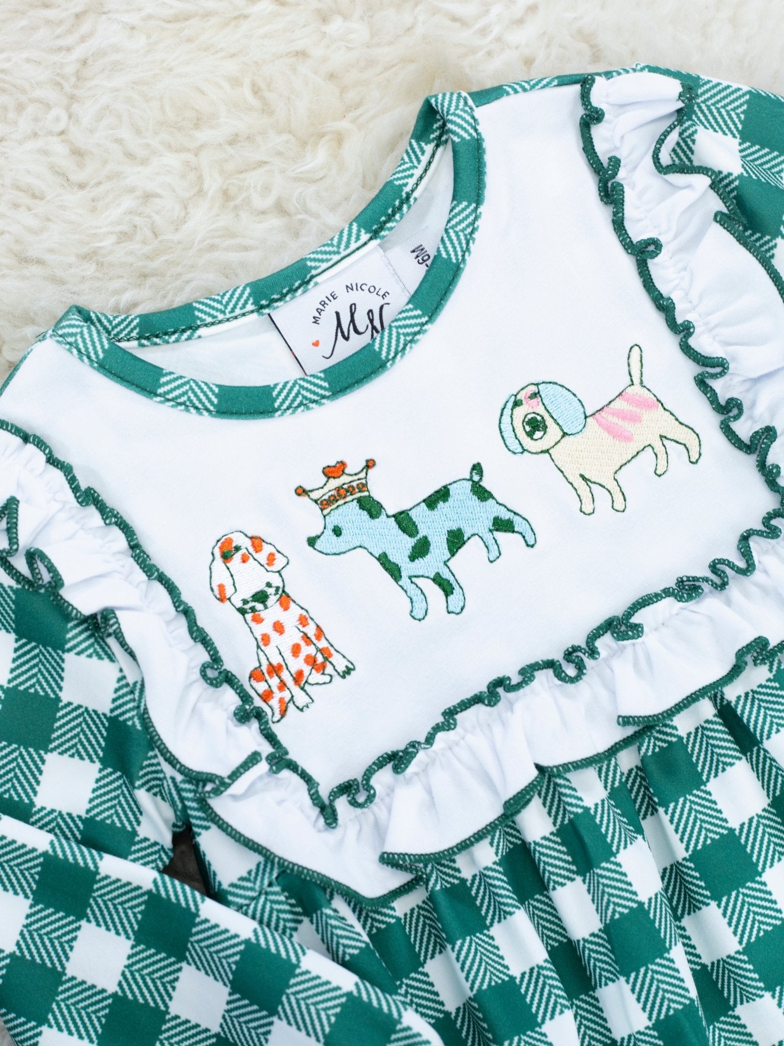 MNC Royal Pups™ Green Gingham Ruffle Romper - Marie Nicole Clothing