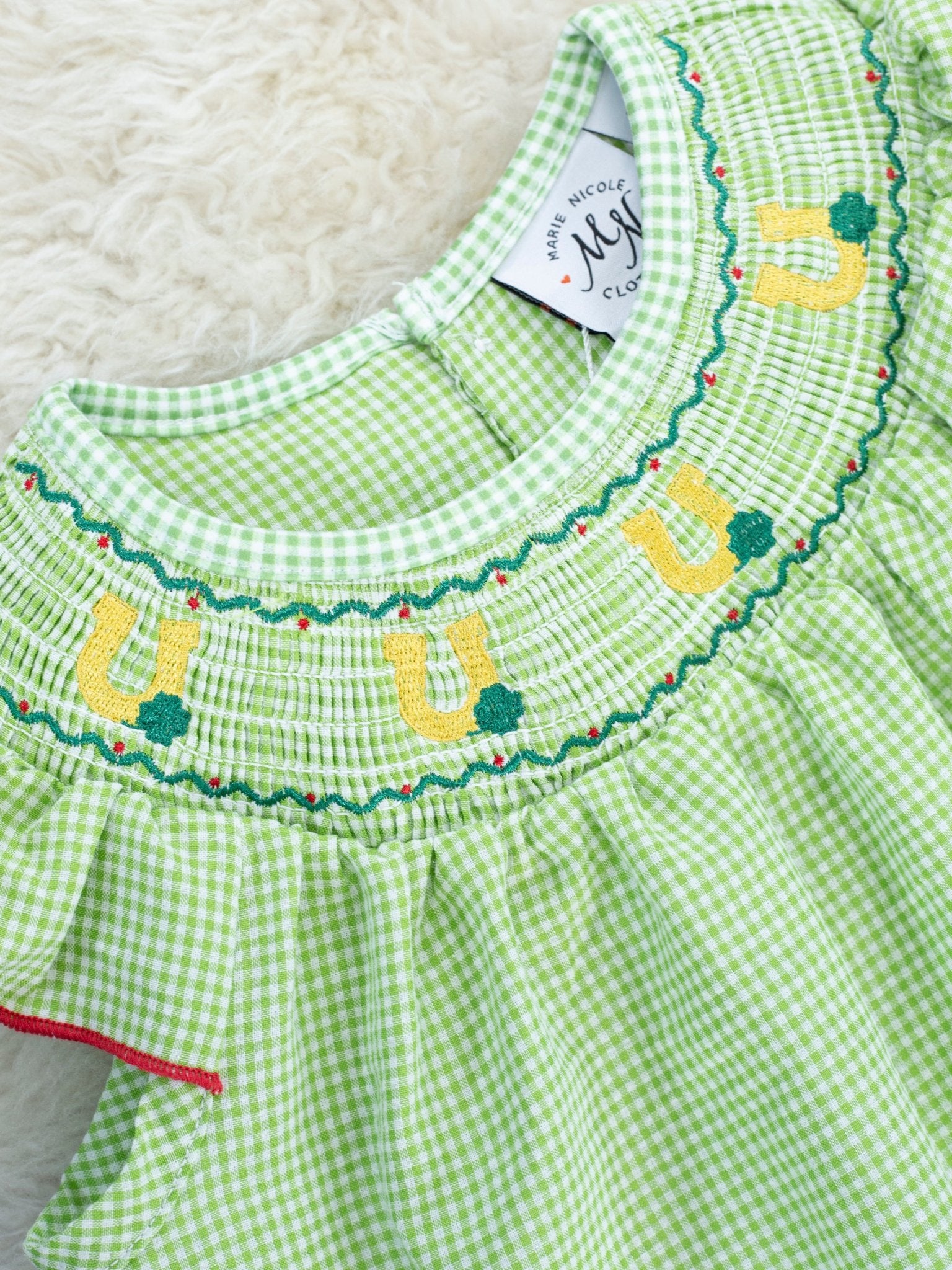Green Smocked Horse Shoe Ruffle Dress - Marie Nicole Clothing