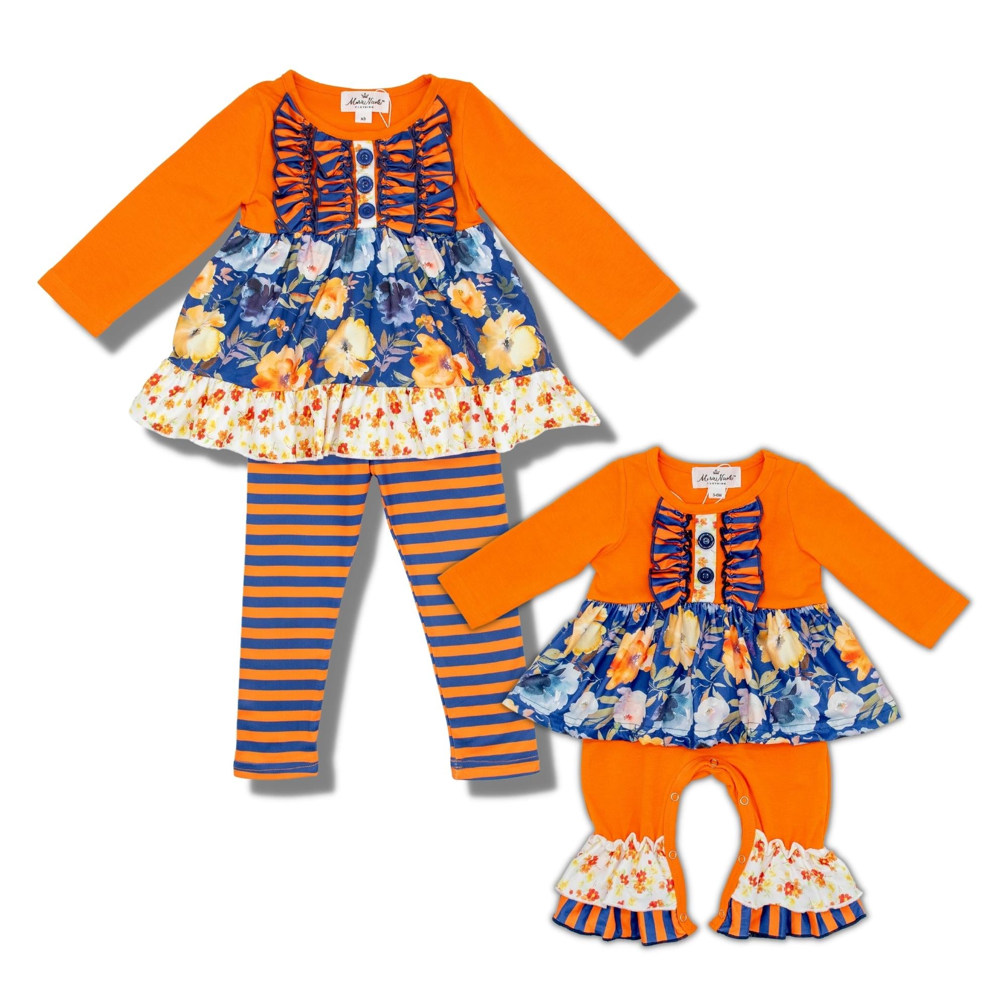 Navy Floral Ruffle Tunic & Orange Striped Bottoms Outfit - Marie Nicole Clothing