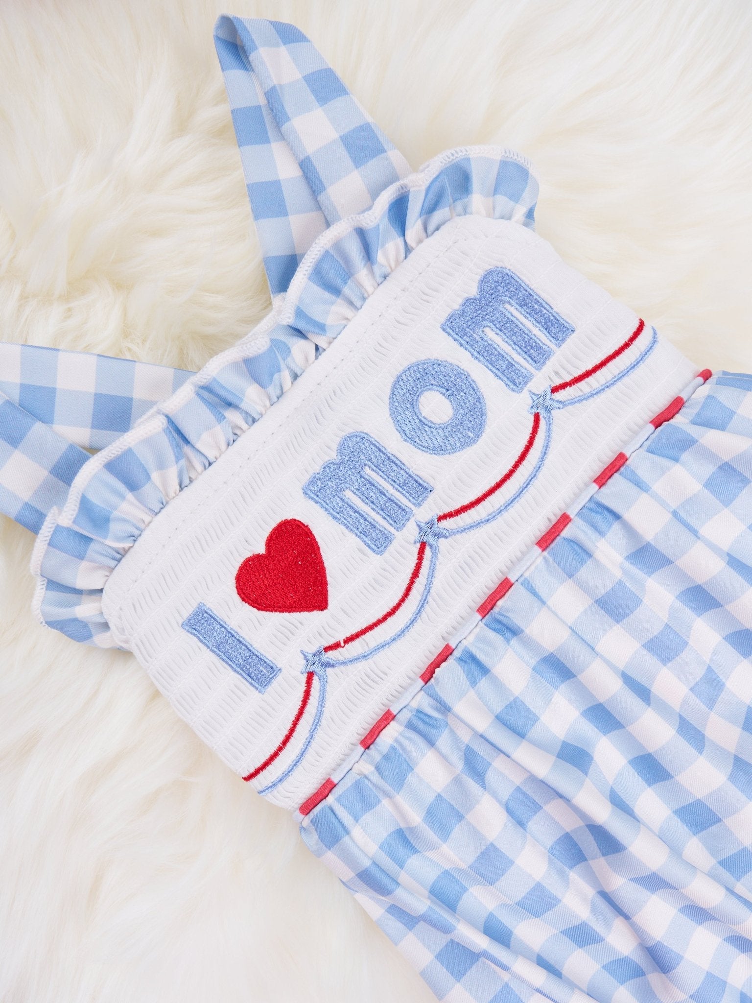 Gingham "I Love Mom" Smocked Bubble Romper - Marie Nicole Clothing