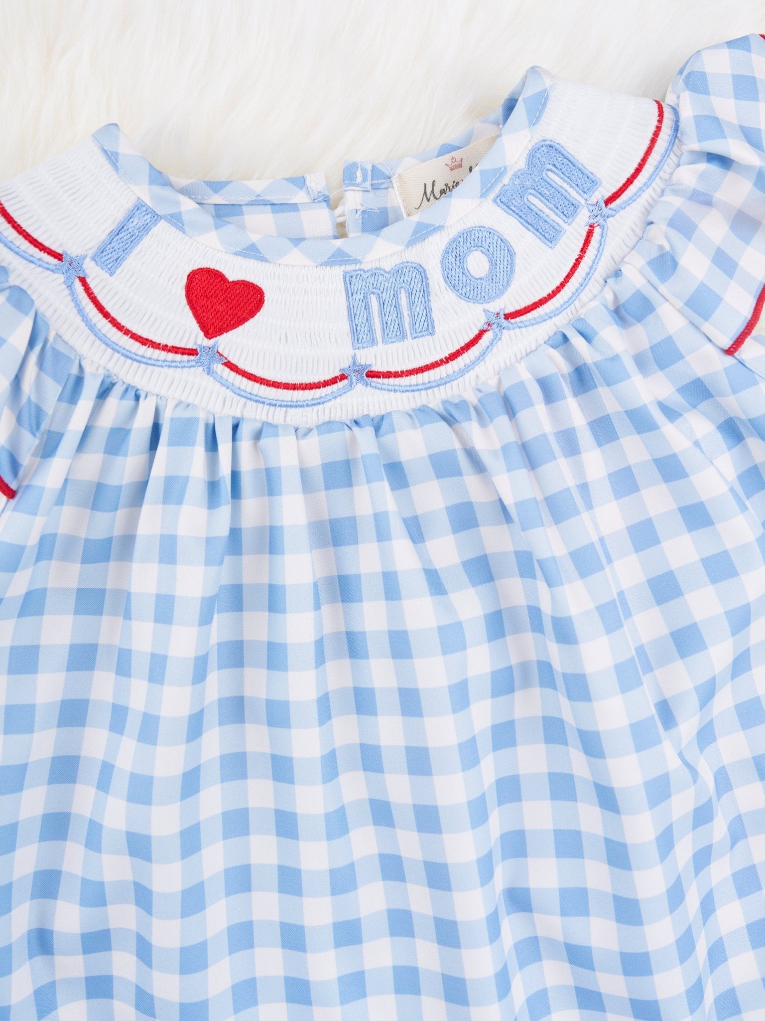 Gingham "I Love Mom" Smocked Dress - Marie Nicole Clothing