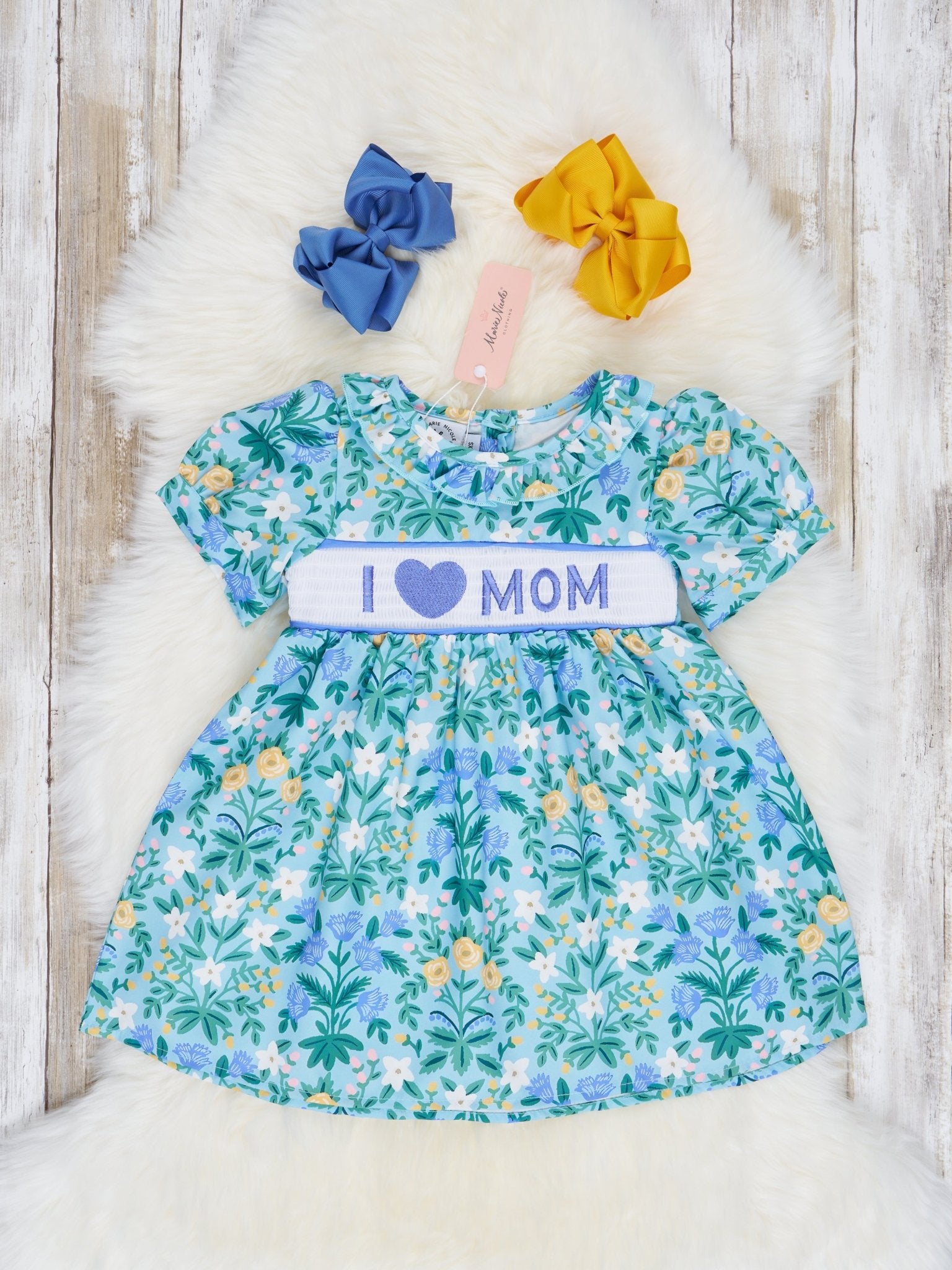 Floral "I Love Mom" Smocked Dress - Marie Nicole Clothing
