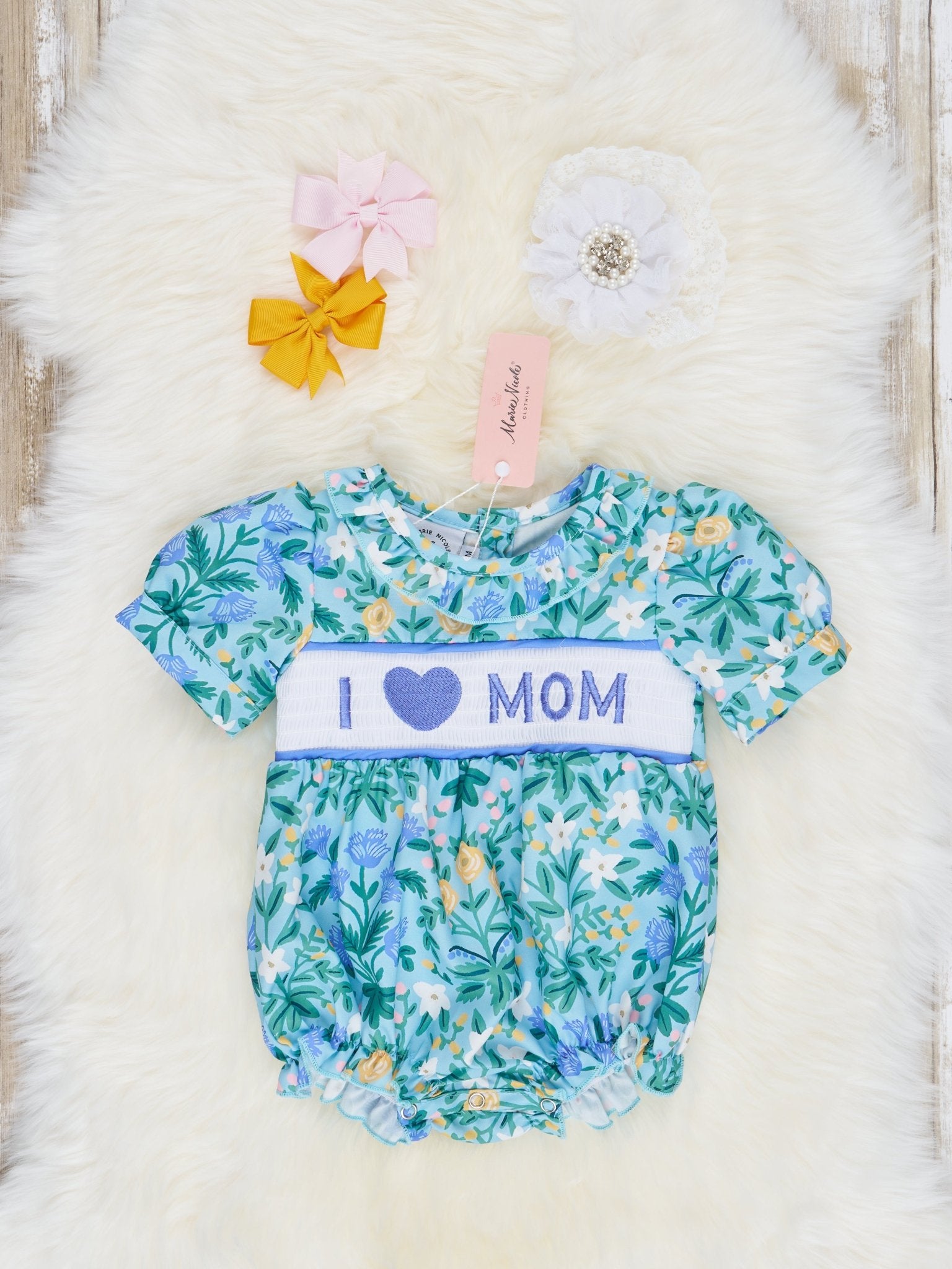 Floral "I Love Mom" Smocked Bubble Romper - Marie Nicole Clothing