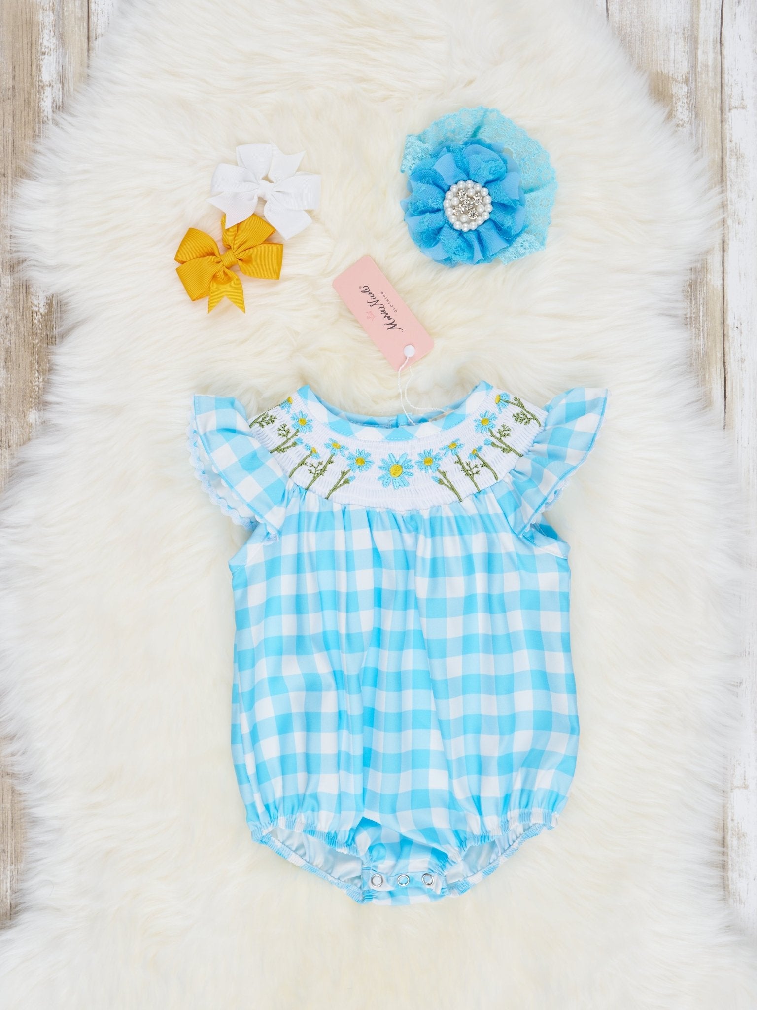 Gingham Smocked Daisy Bubble Romper - Marie Nicole Clothing