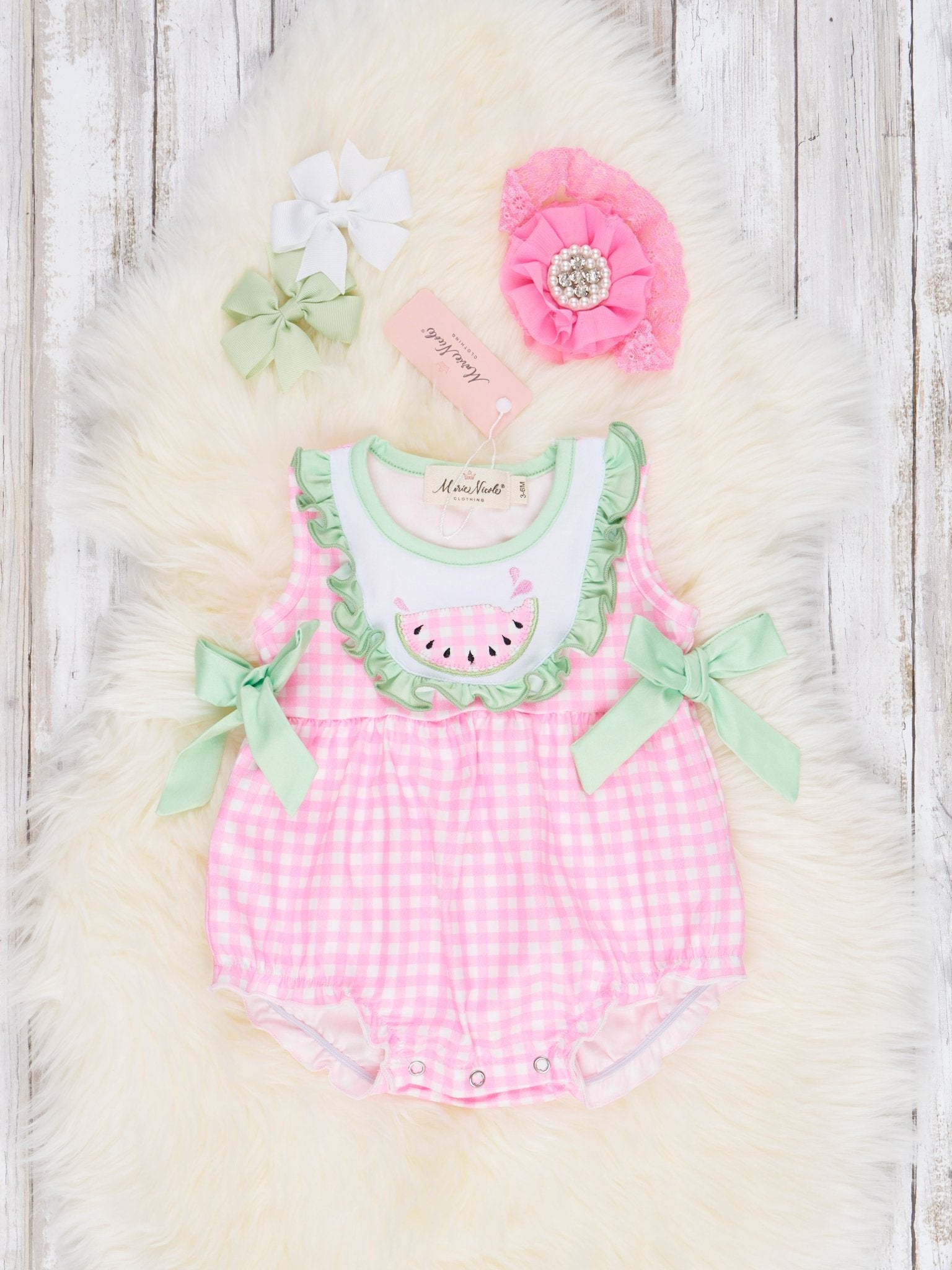 Pink Gingham Watermelon Ruffle Bubble Romper - Marie Nicole Clothing