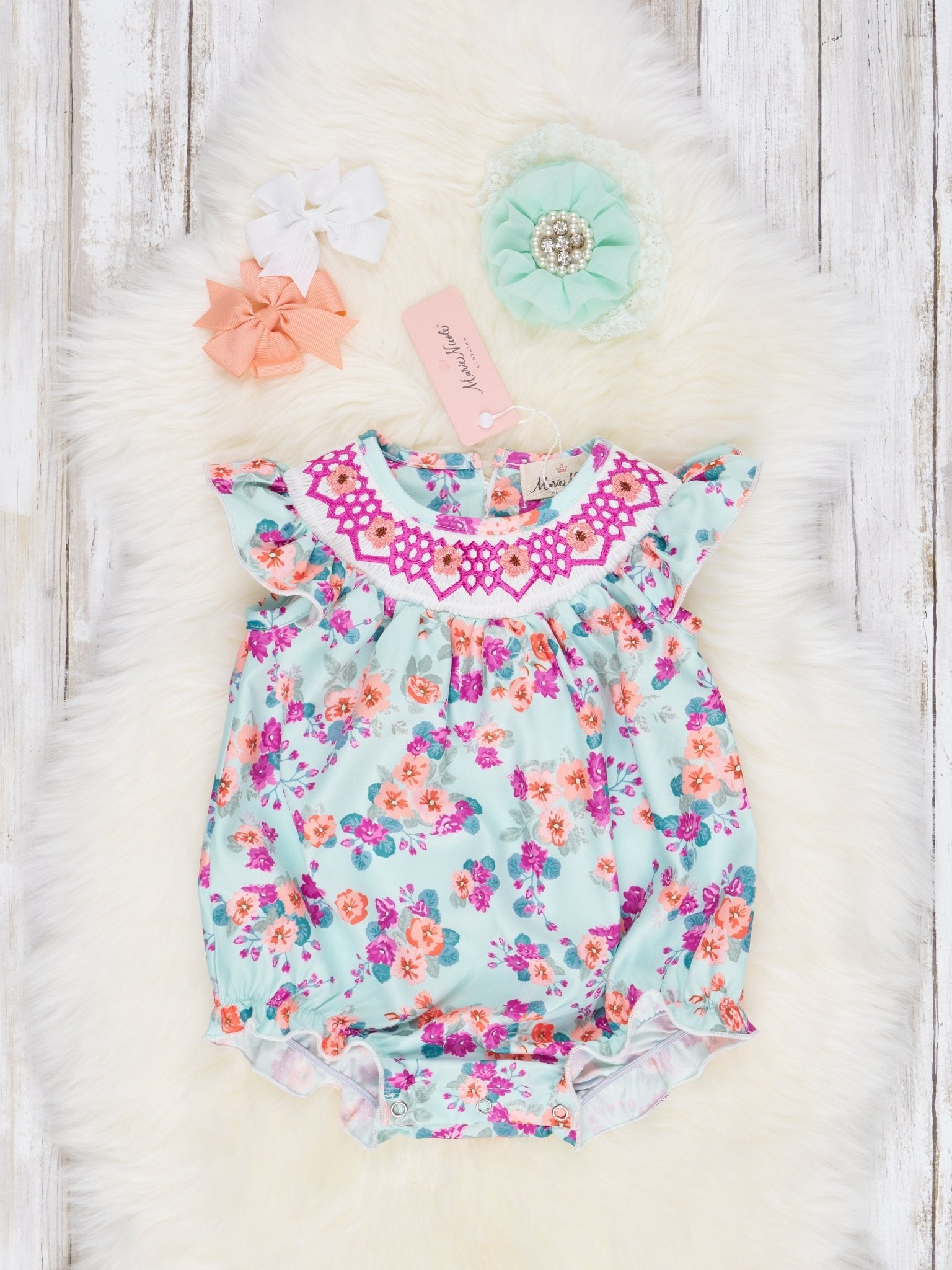 Smocked Orange Floral Ruffle Bubble Romper - Marie Nicole Clothing
