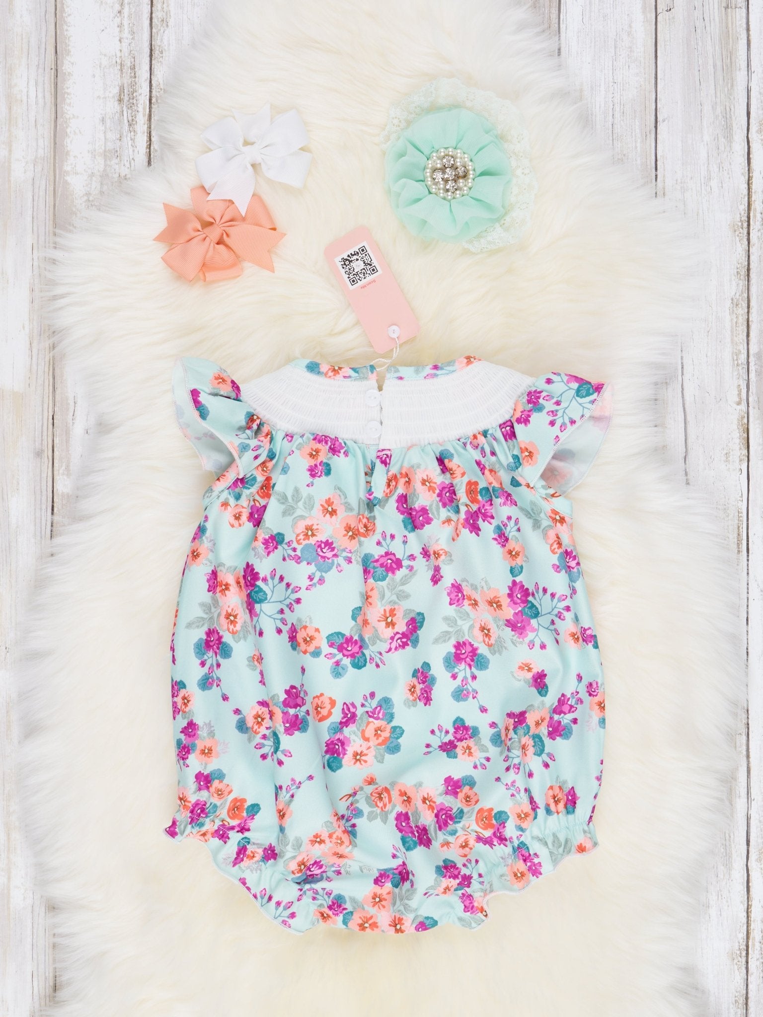 Smocked Orange Floral Ruffle Bubble Romper - Marie Nicole Clothing