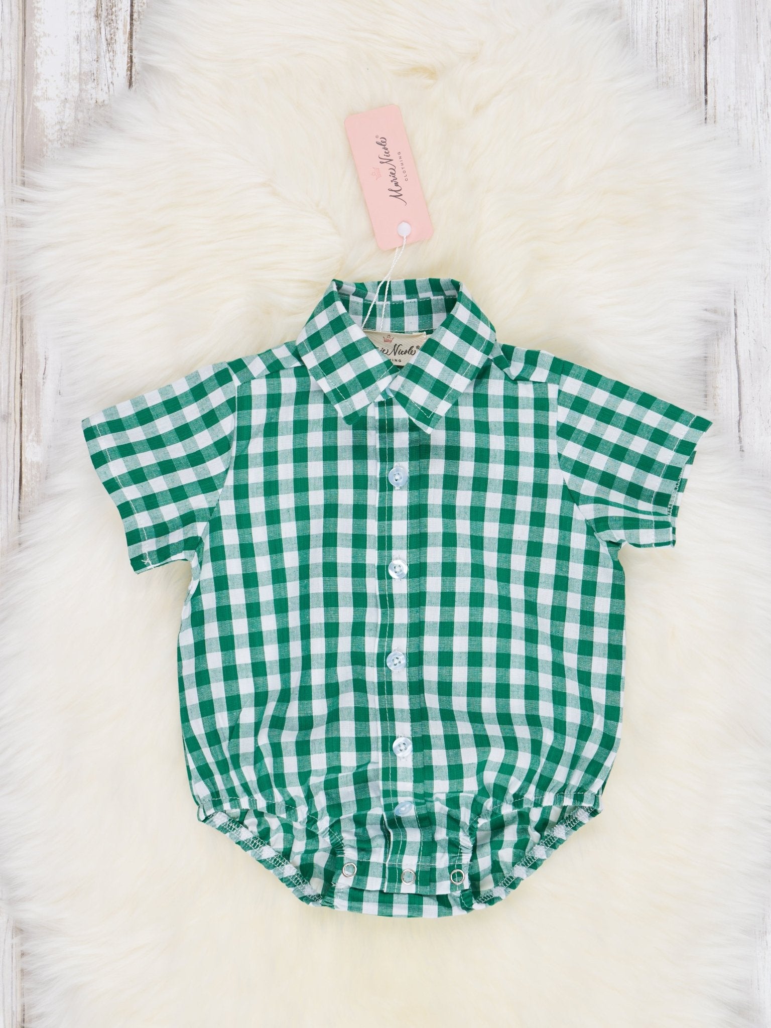Green Gingham Polo Romper - Marie Nicole Clothing