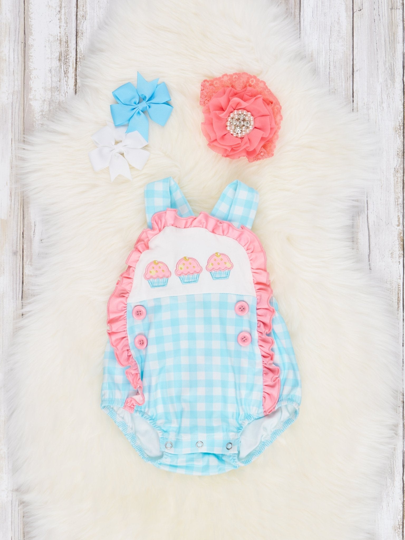 Blue Gingham Cupcake Ruffle Bubble Romper - Marie Nicole Clothing