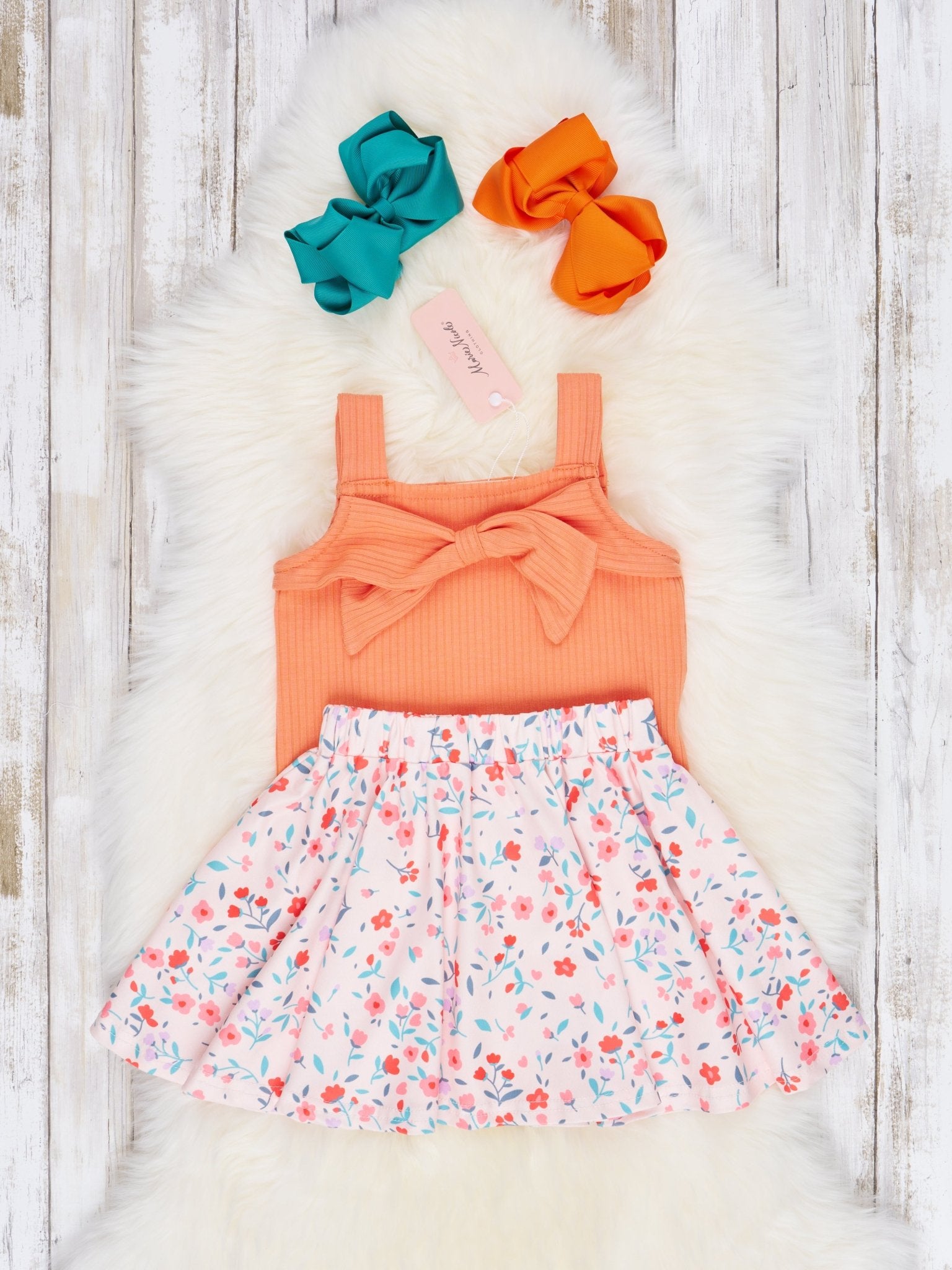 Orange Bow Top & Floral Skirt Outfit - Marie Nicole Clothing