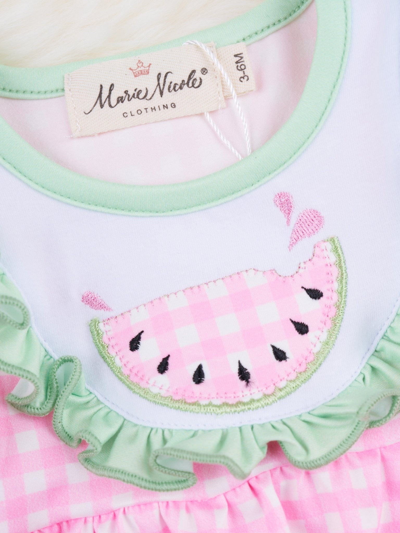 Pink Gingham Watermelon Ruffle Bubble Romper - Marie Nicole Clothing