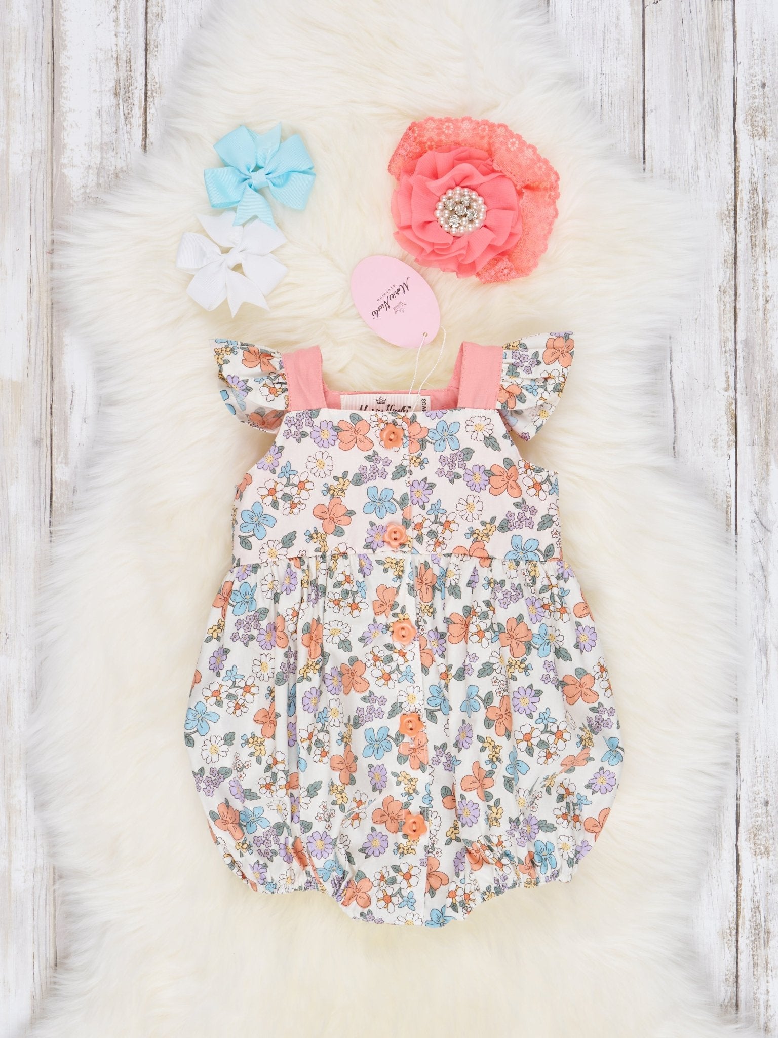 Peach Floral Bubble Ruffle Romper - Marie Nicole Clothing