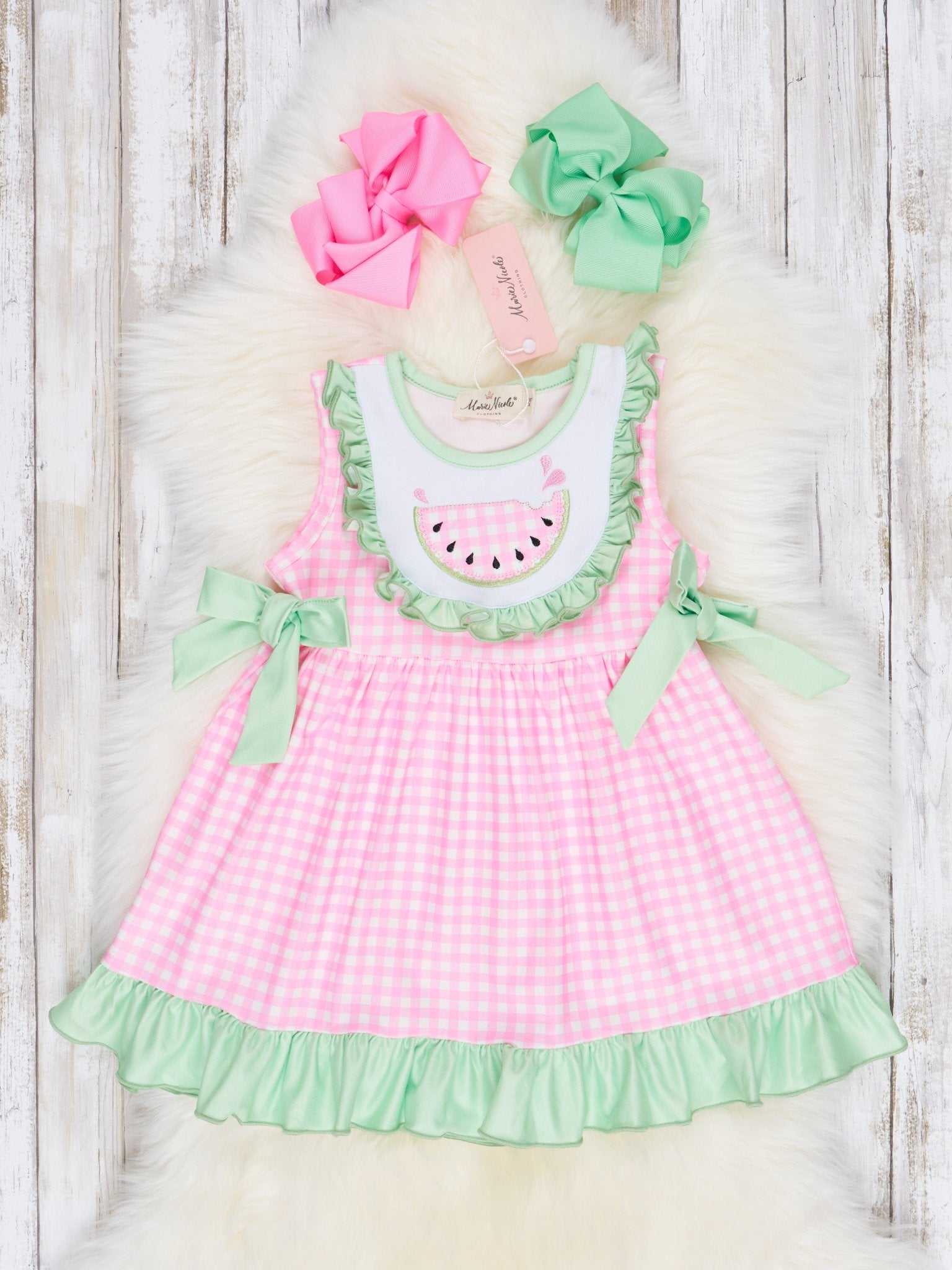 Pink Gingham Watermelon Ruffle Dress - Marie Nicole Clothing