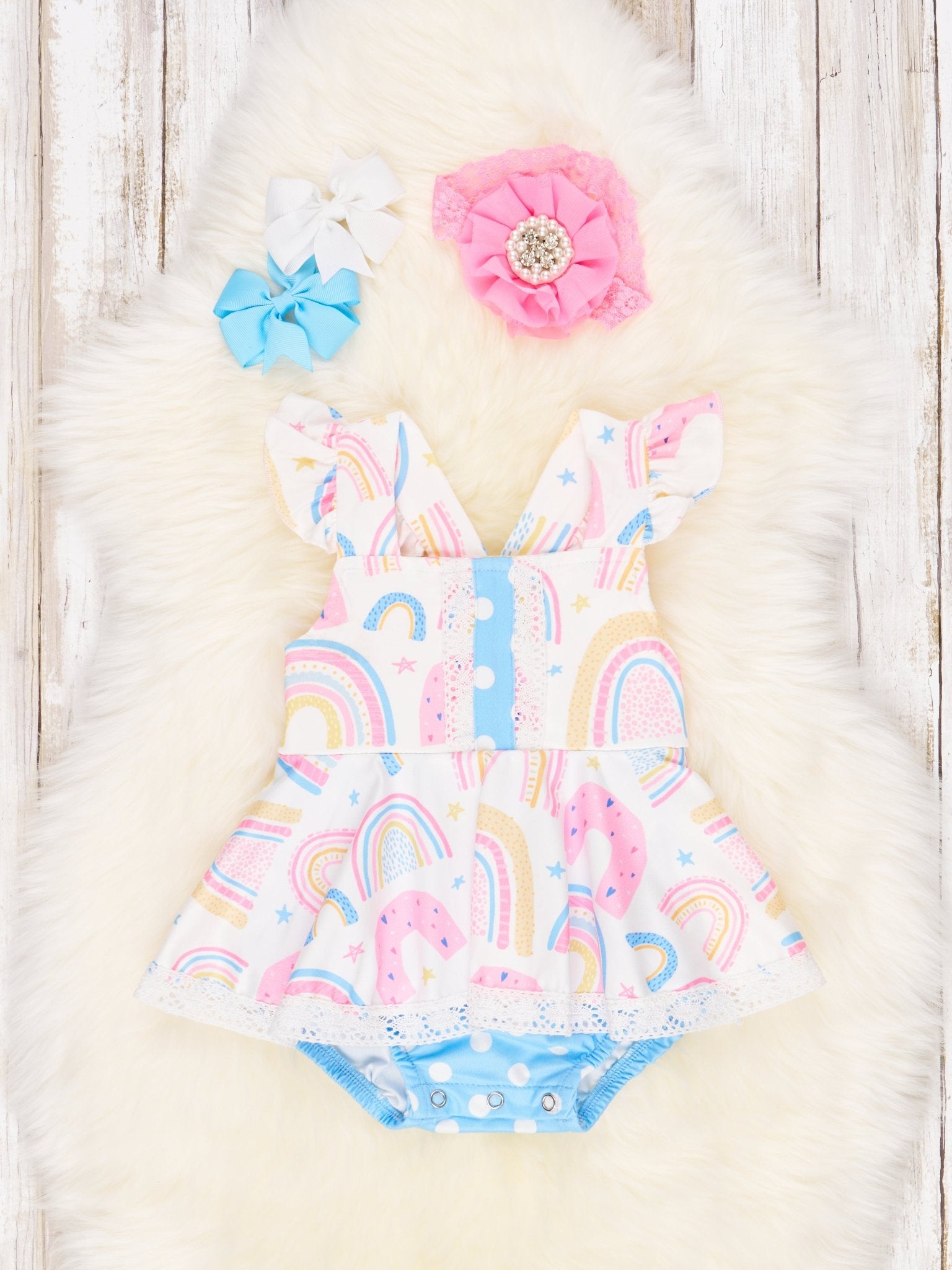 Rainbows & Stars Ruffle Dressy Romper - Marie Nicole Clothing