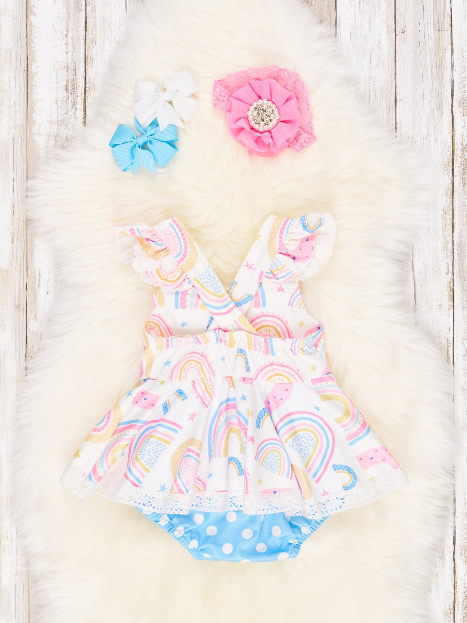 Rainbows & Stars Ruffle Dressy Romper - Marie Nicole Clothing