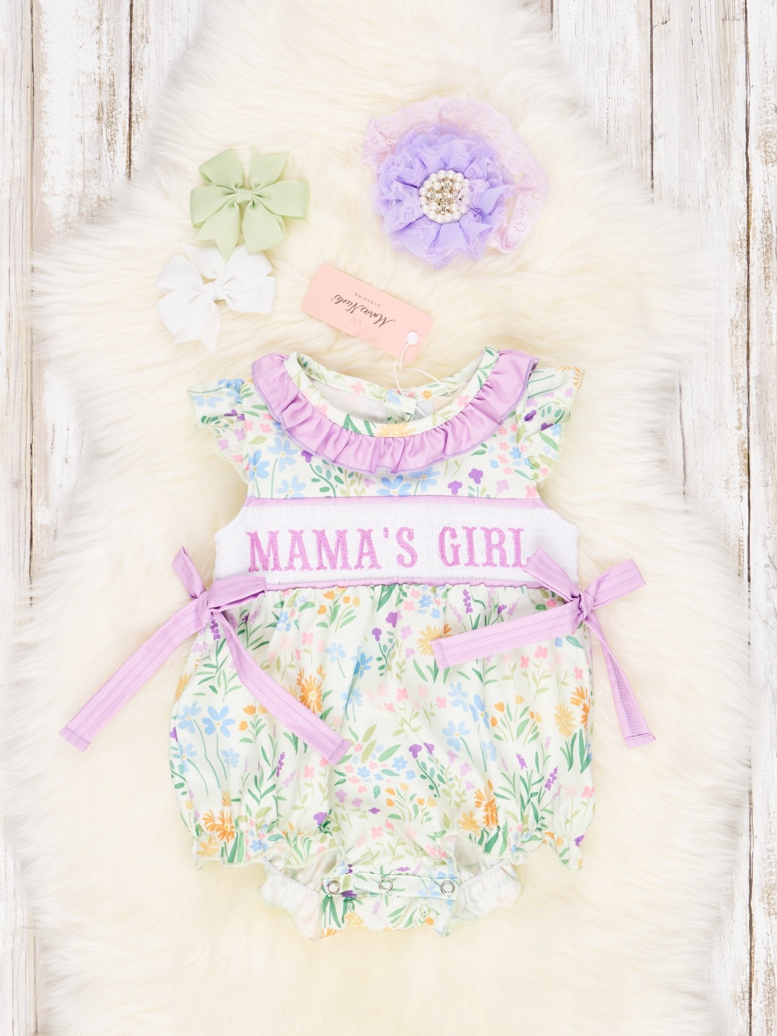 Smocked Floral "Mama's Girl" Ruffle Romper - Marie Nicole Clothing