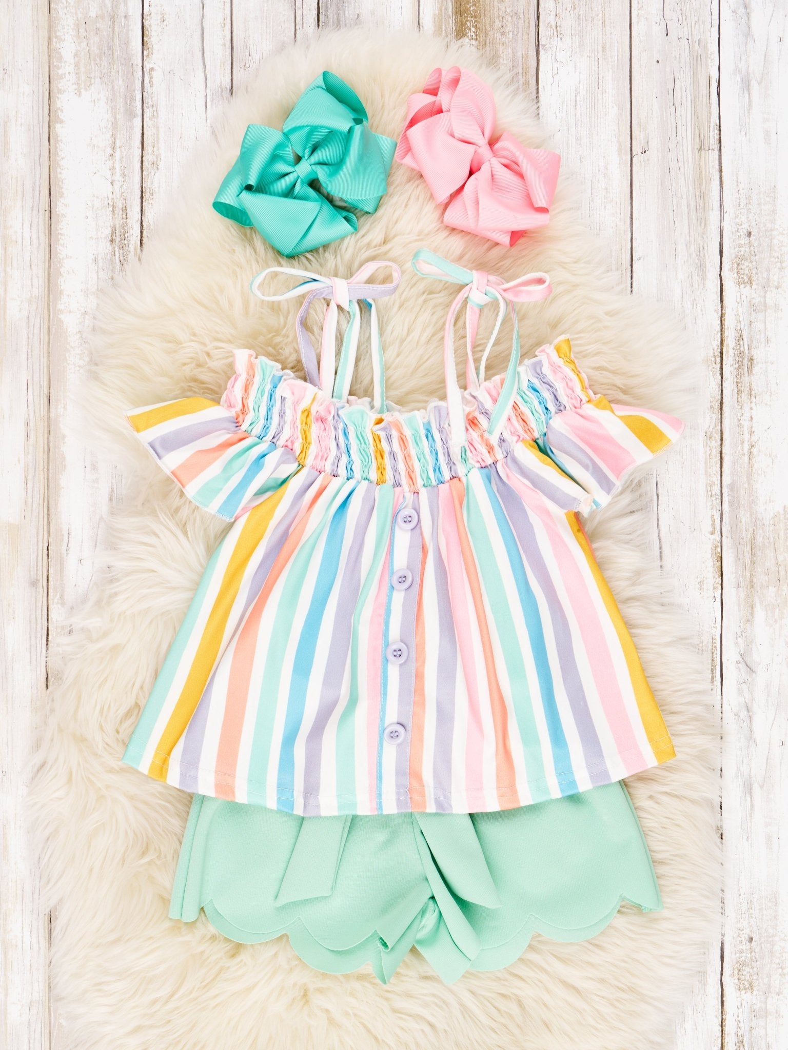 Stripe Tie Top & Scalloped Shorts Outfit - Marie Nicole Clothing