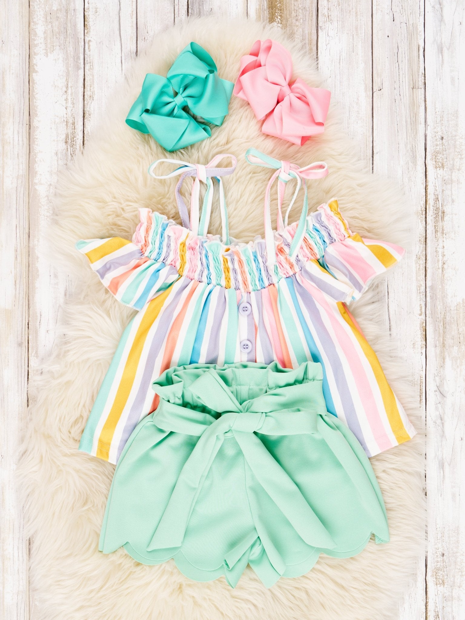 Stripe Tie Top & Scalloped Shorts Outfit - Marie Nicole Clothing