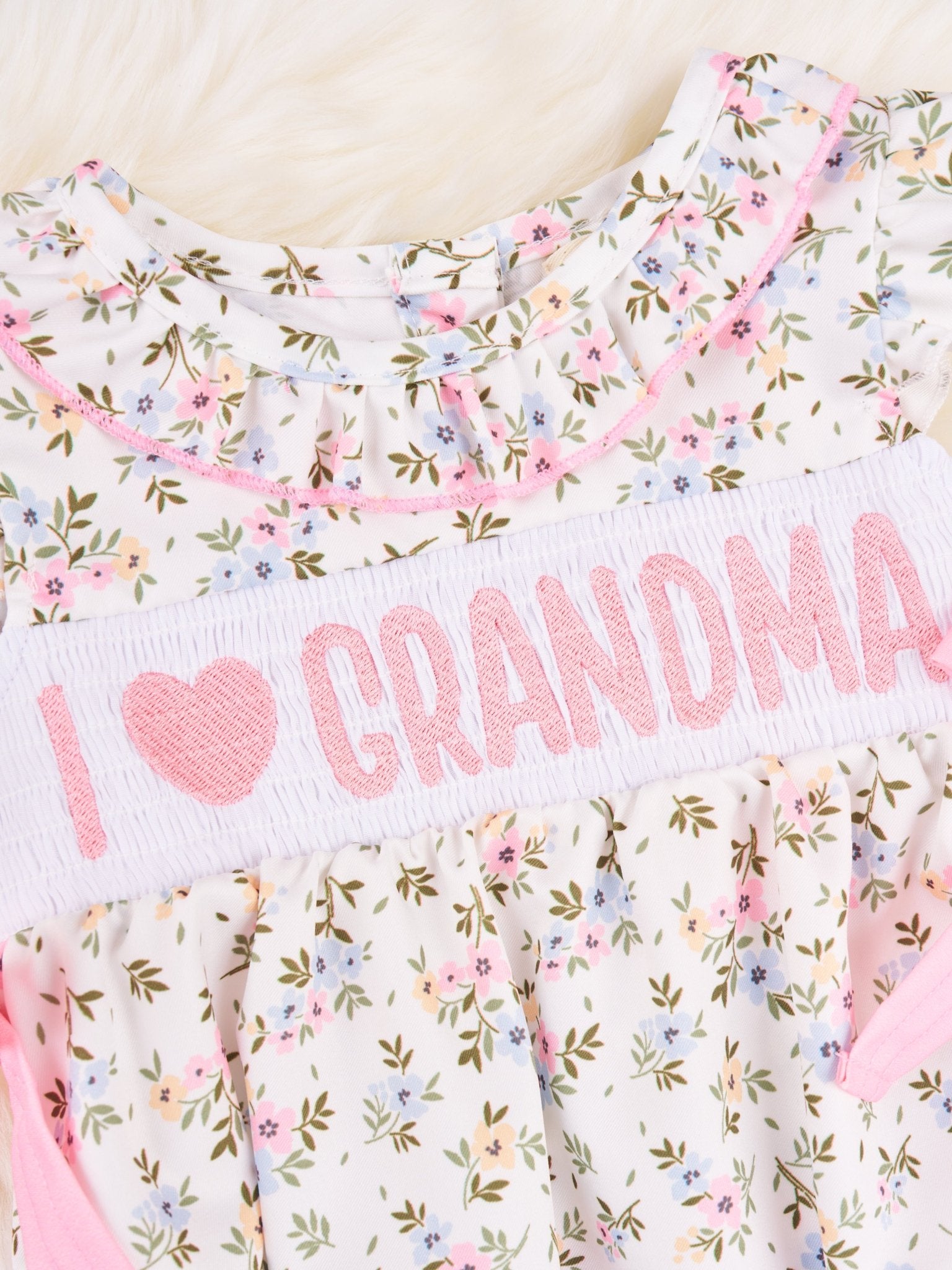 Smocked Floral "I Love Grandma" Ruffle Romper - Marie Nicole Clothing