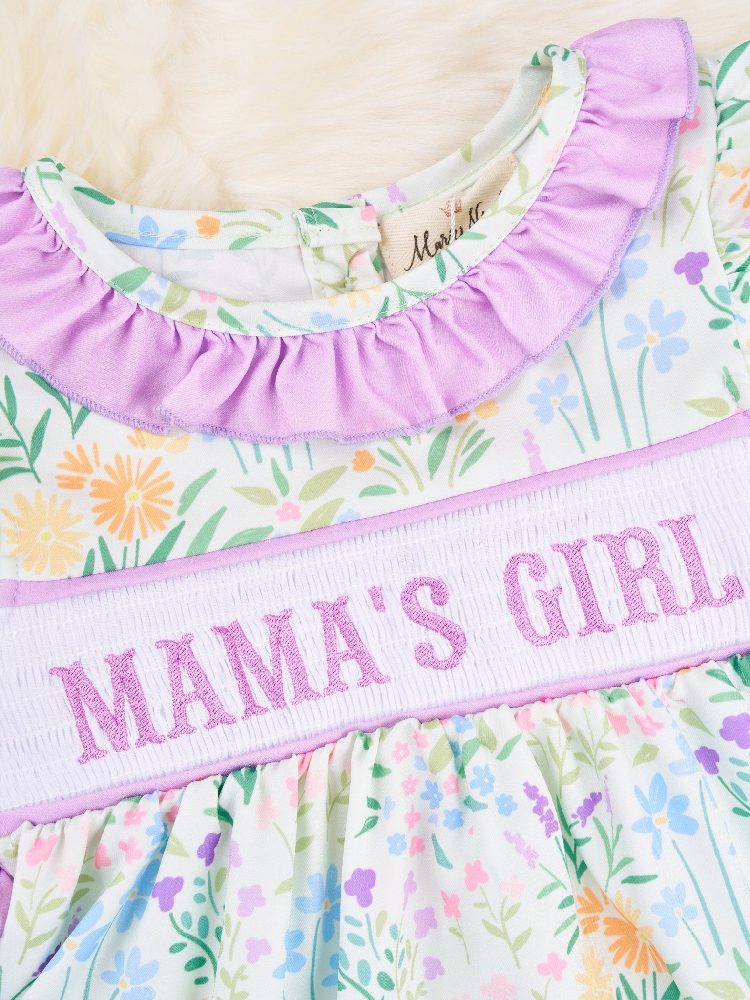 Smocked Floral "Mama's Girl" Ruffle Romper - Marie Nicole Clothing