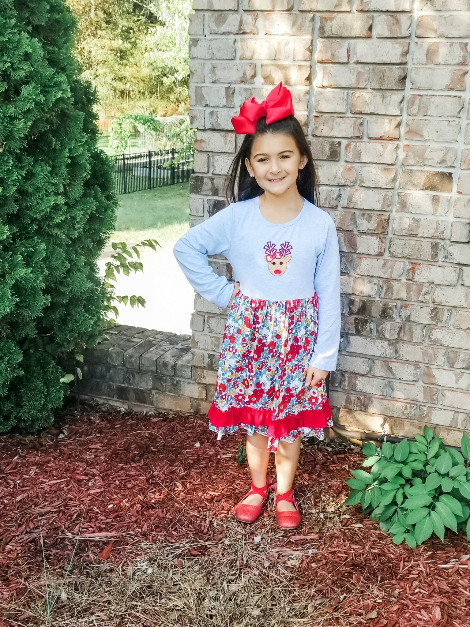 Floral Reindeer Ruffle Dress - Marie Nicole Clothing