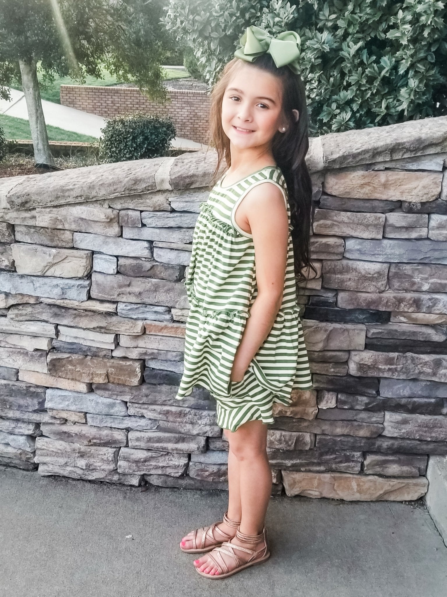 Pocket Ruffle Short - Olive/Cream Striped - Marie Nicole Clothing