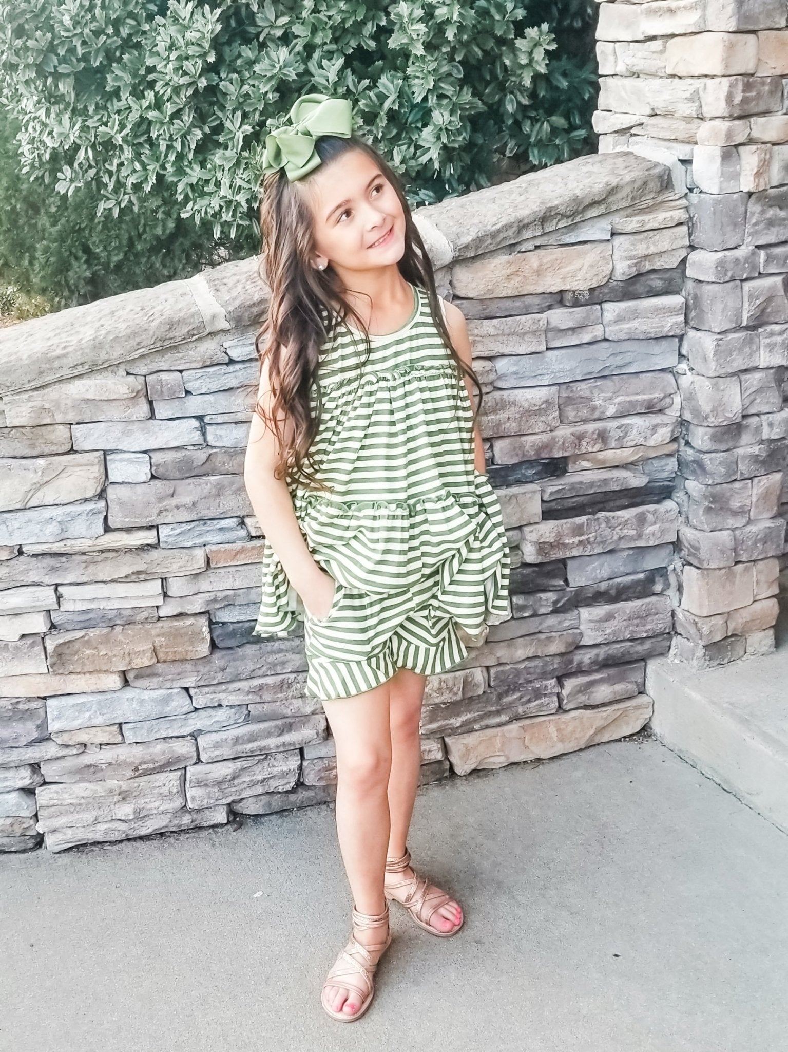 Cotton Swing Ruffle Tank - Olive/Cream Striped - Marie Nicole Clothing