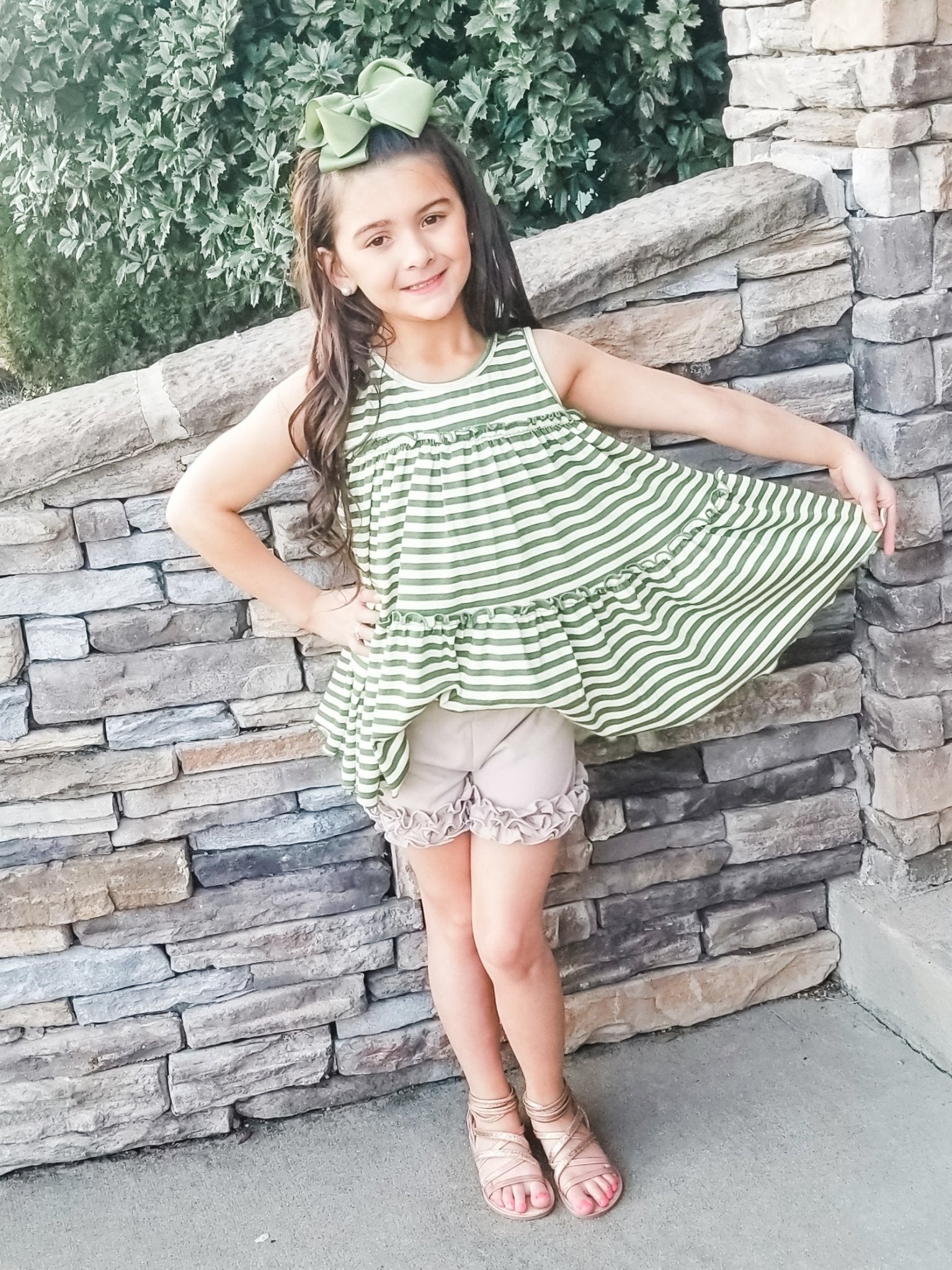 Cotton Swing Ruffle Tank - Olive/Cream Striped - Marie Nicole Clothing