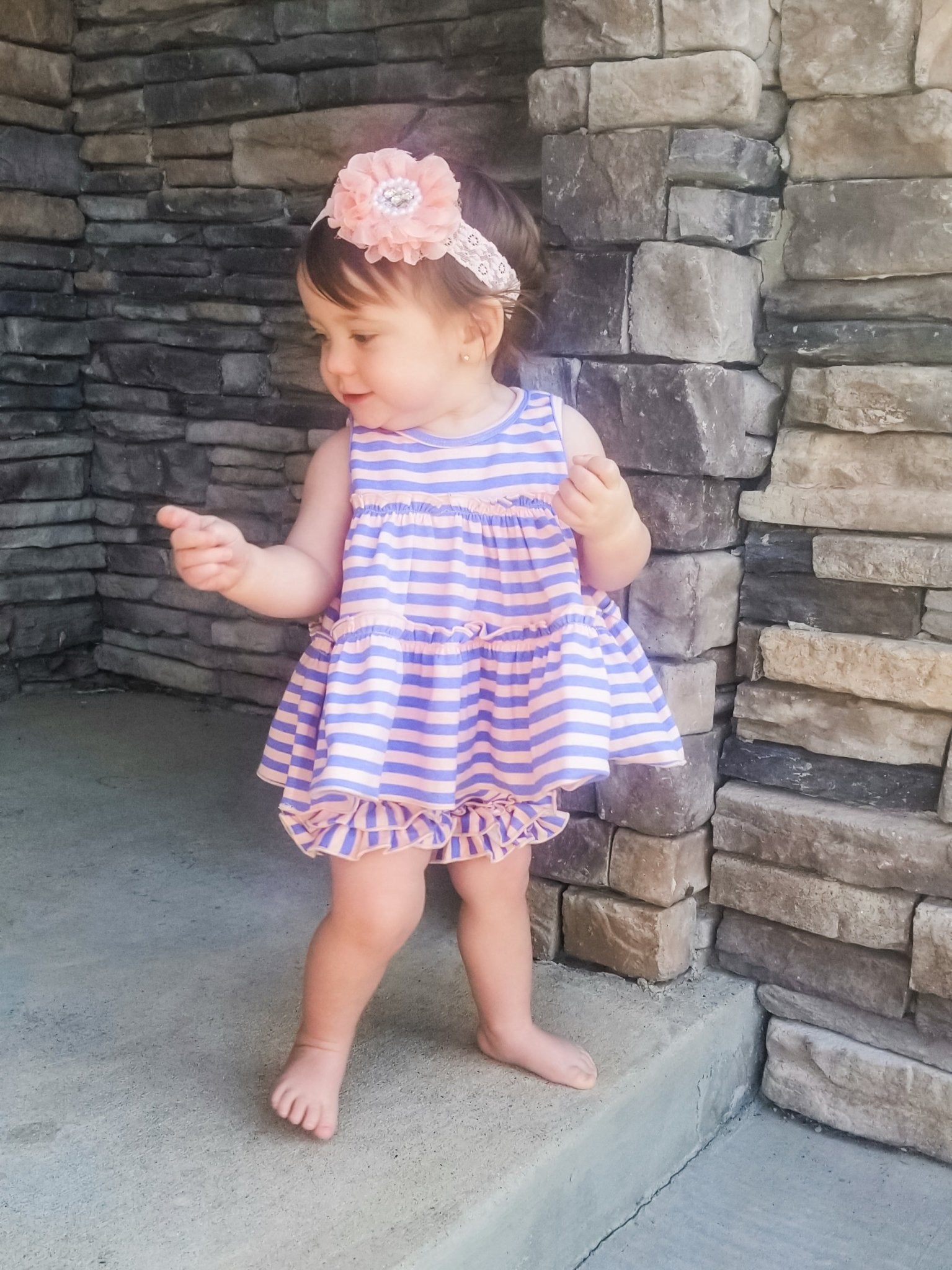 Cotton Swing Ruffle Tank - Peach/Orchid Striped - Marie Nicole Clothing