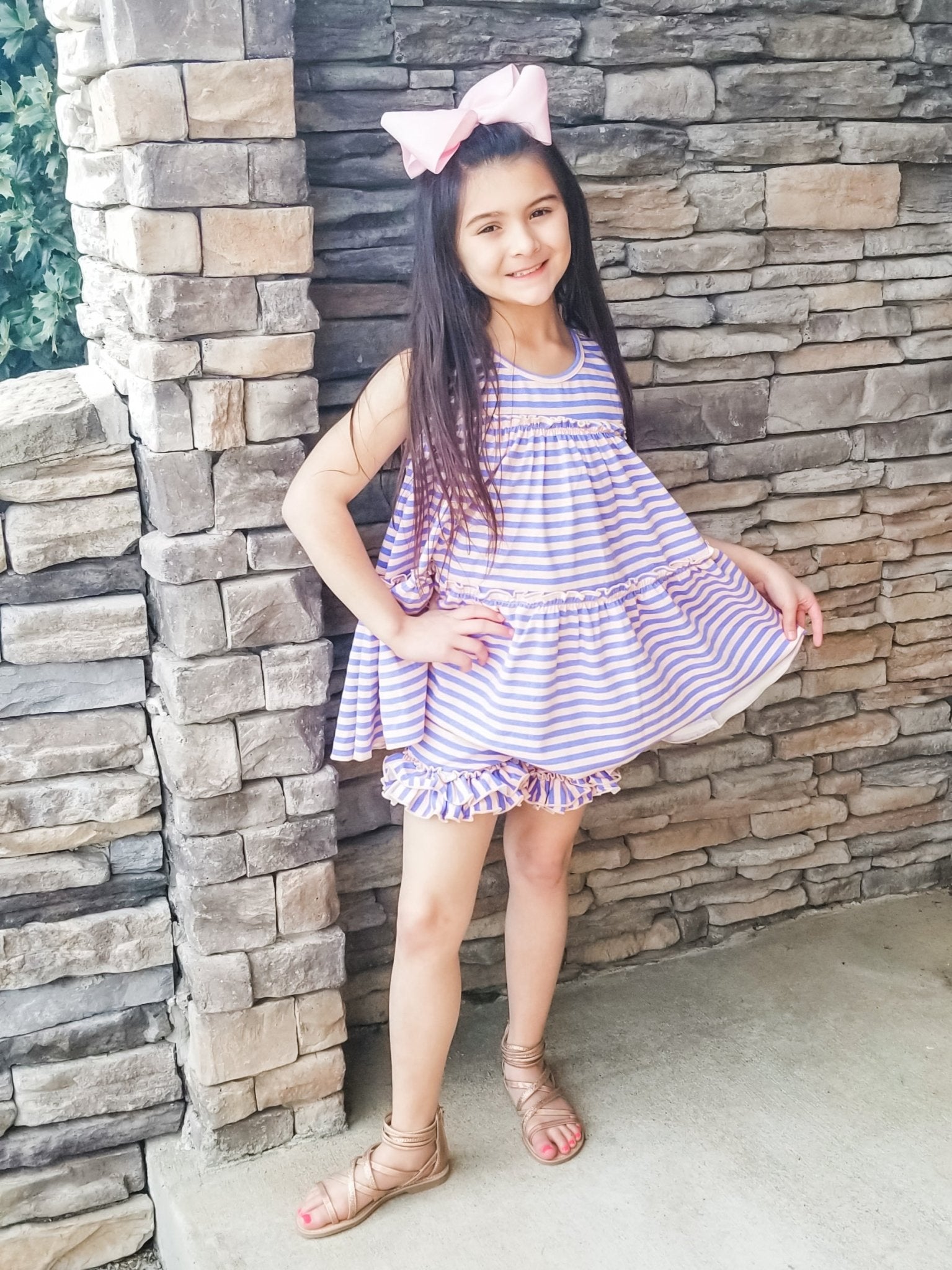 Peach & Orchid Striped Ruffle Trim Cotton Shorts - Marie Nicole Clothing