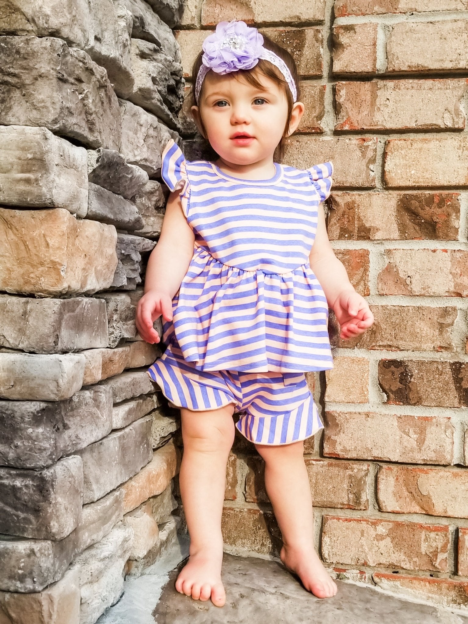 Pocket Ruffle Short - Peach/Orchid Striped - Marie Nicole Clothing