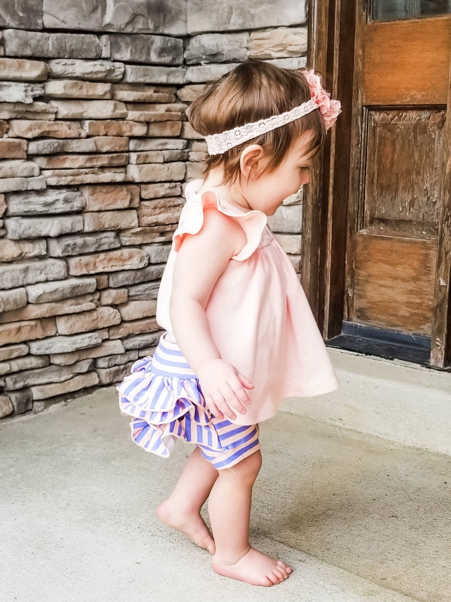 Ruffle Bloomer - Striped Peach/Orchid - Marie Nicole Clothing