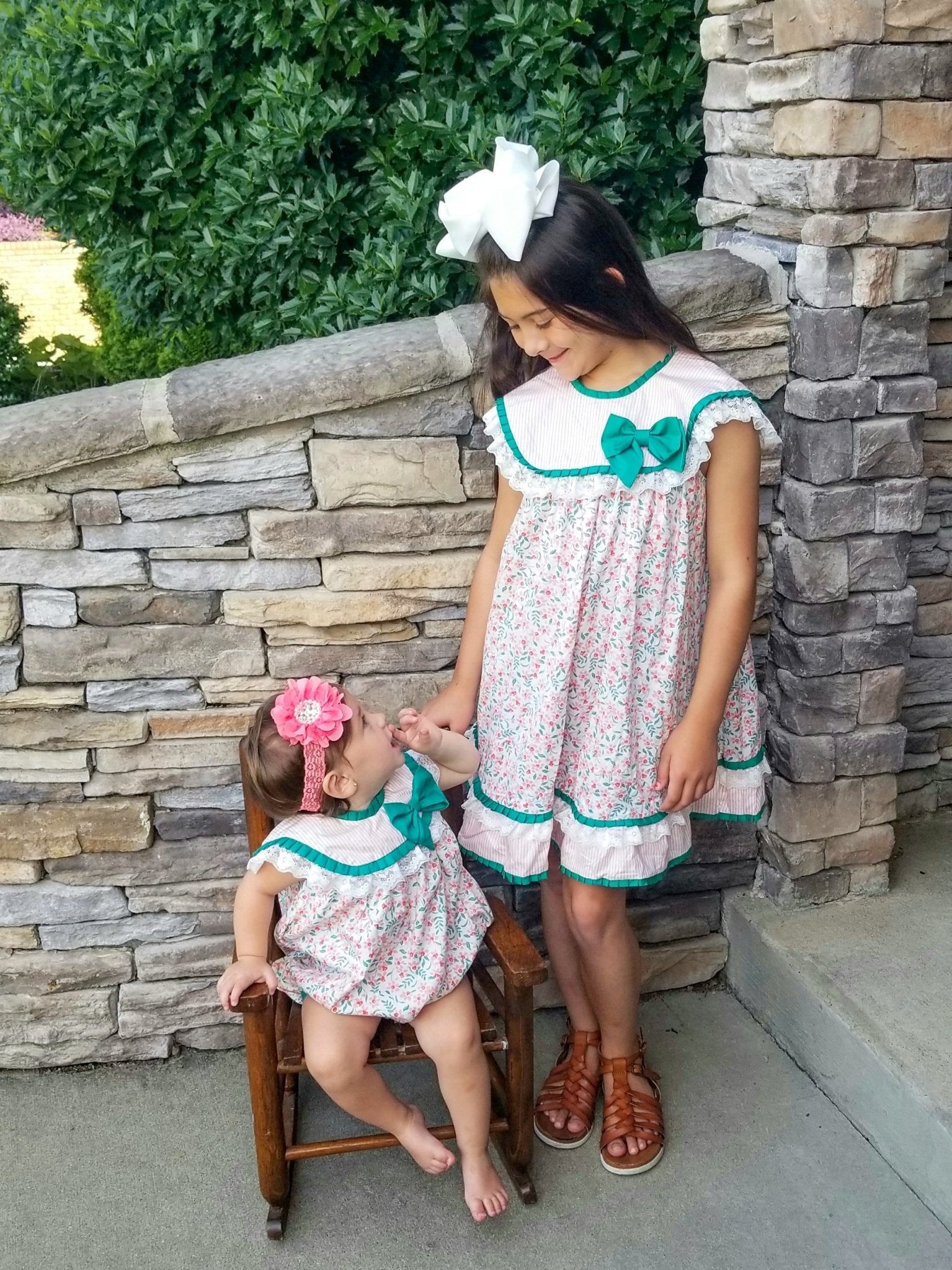 Pink & Green Floral Bow Bubble Romper - Marie Nicole Clothing