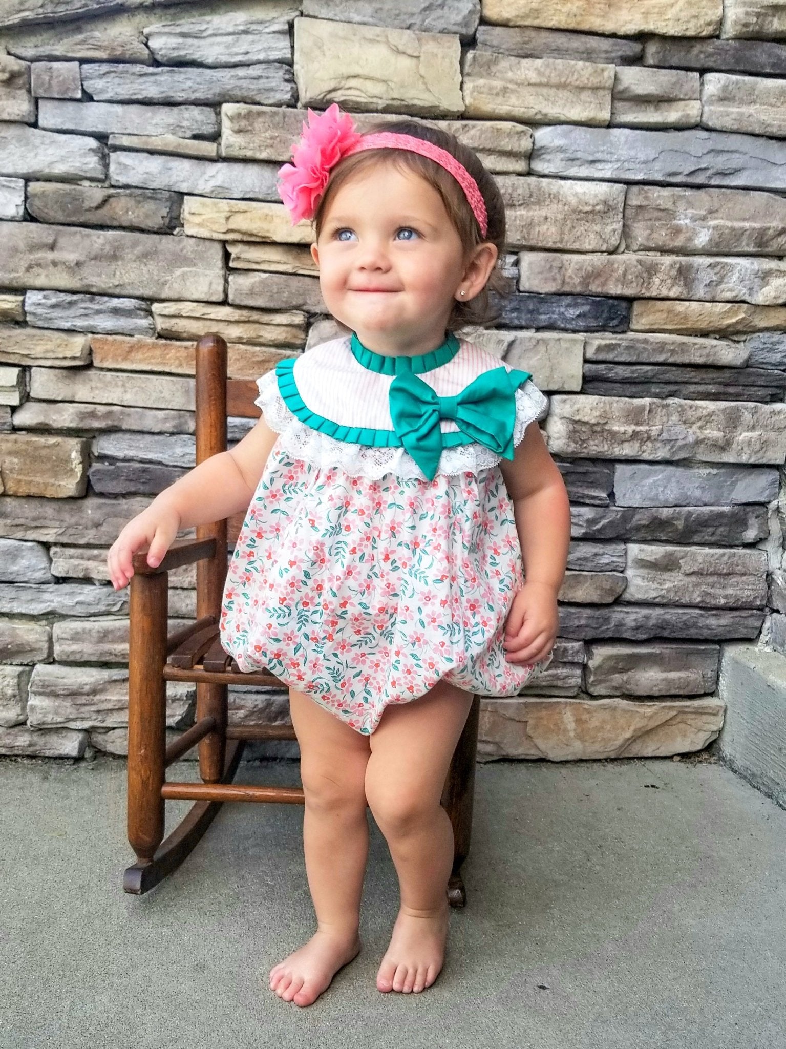 Pink & Green Floral Bow Bubble Romper - Marie Nicole Clothing