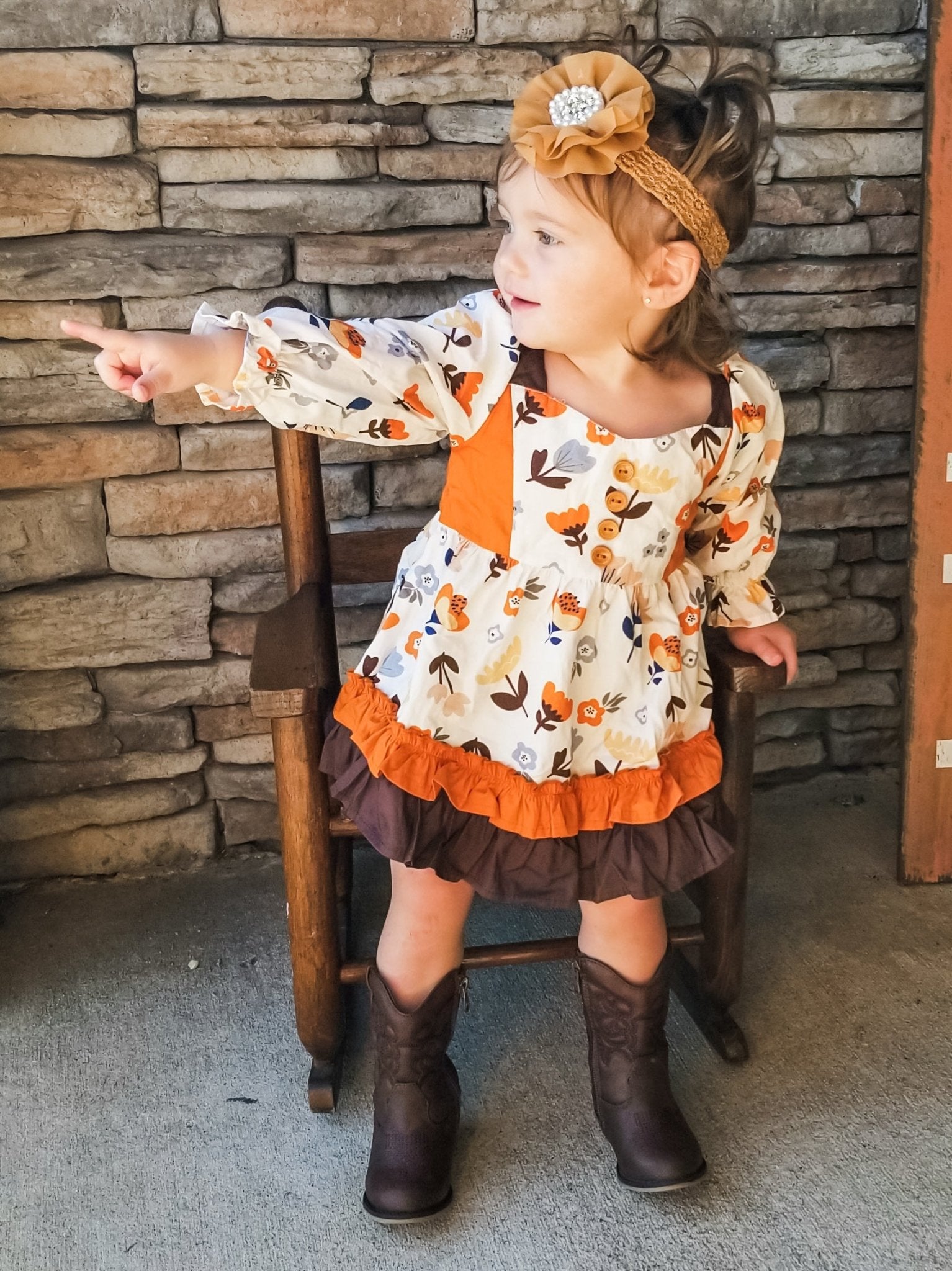 Orange & Brown Fall Floral Ruffle Romper - Marie Nicole Clothing