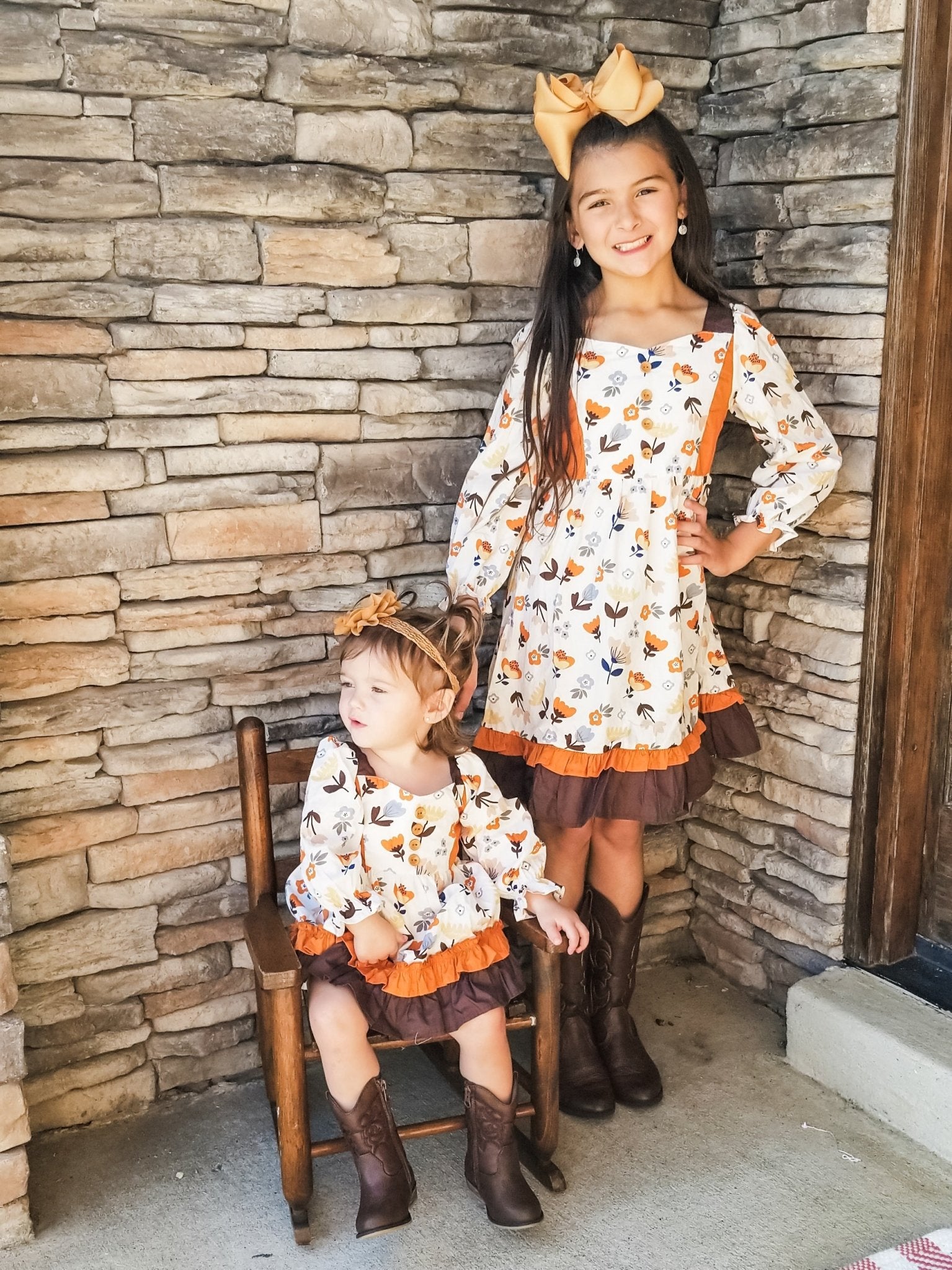 Orange & Brown Fall Floral Ruffle Romper - Marie Nicole Clothing