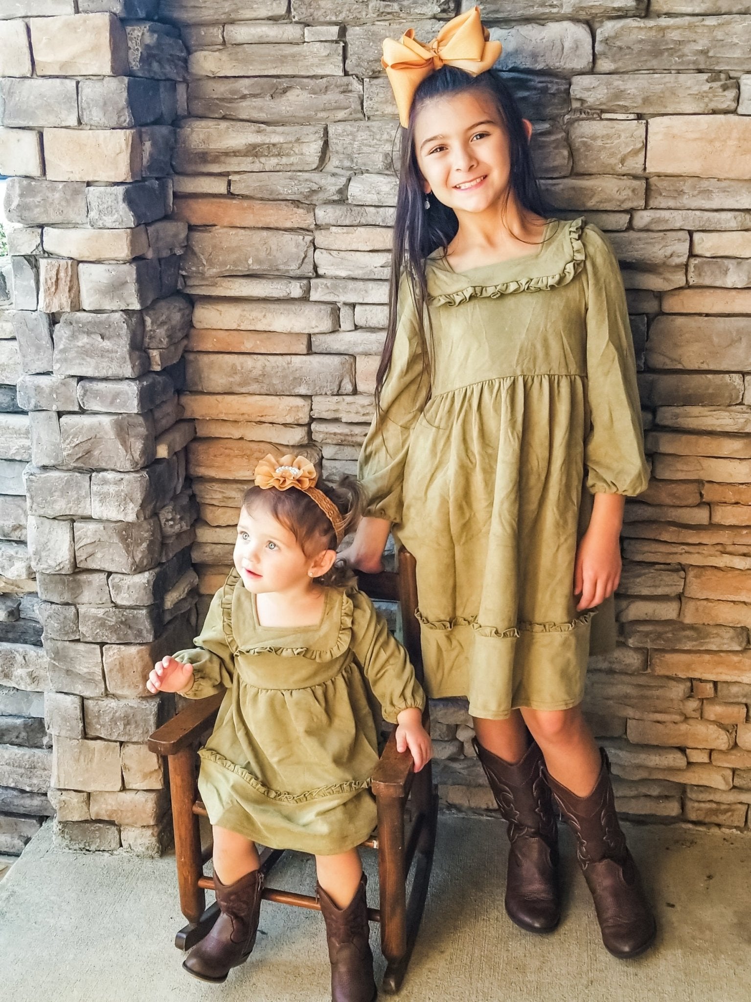 Army Green Suede Square Neck Ruffle Dress - Marie Nicole Clothing