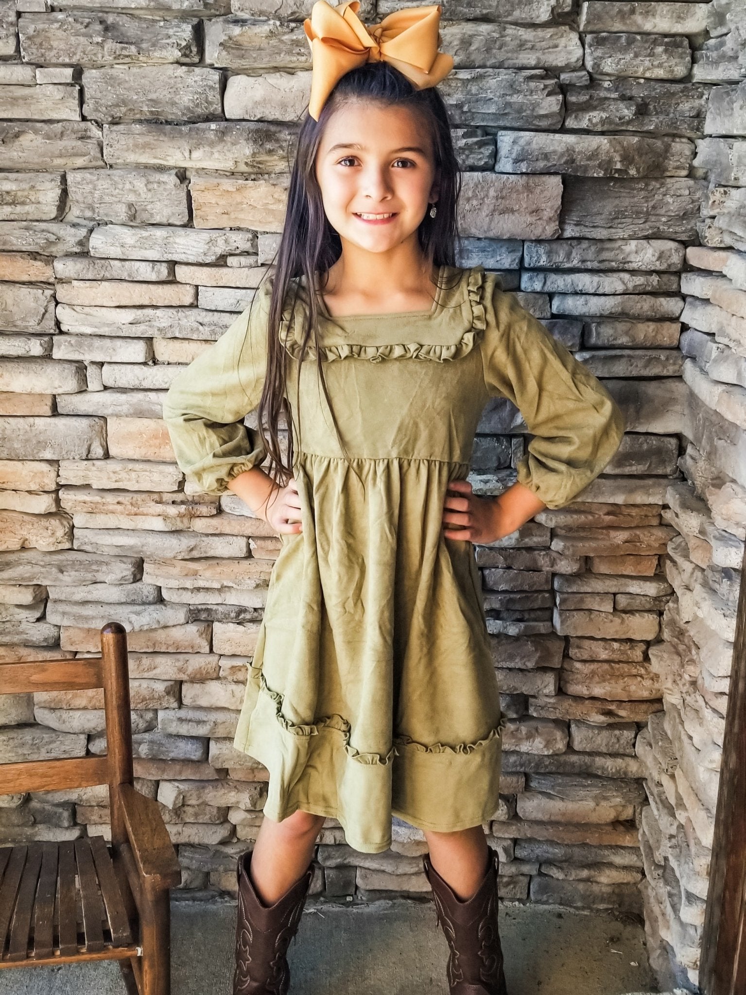 Army Green Suede Square Neck Ruffle Dress - Marie Nicole Clothing