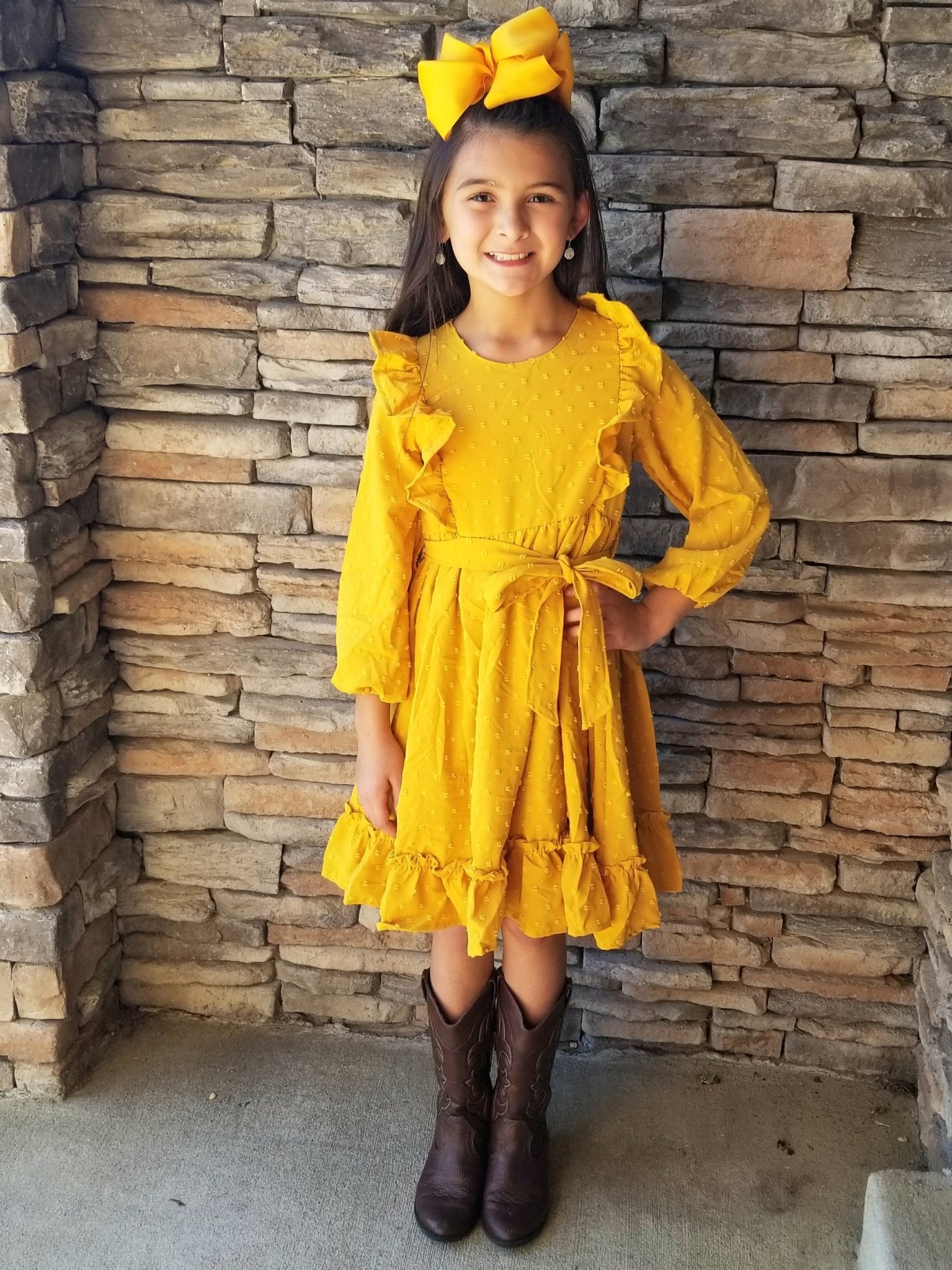 Mustard Swiss Dot Ruffle Dress - Marie Nicole Clothing