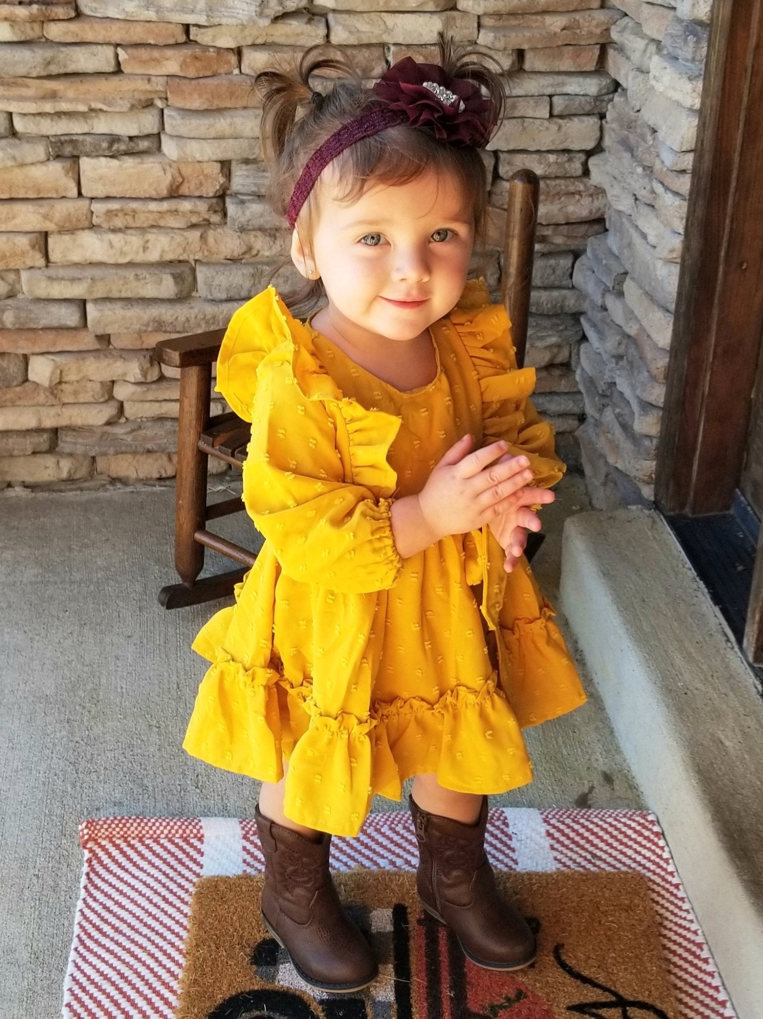 Mustard Swiss Dot Ruffle Dress - Marie Nicole Clothing