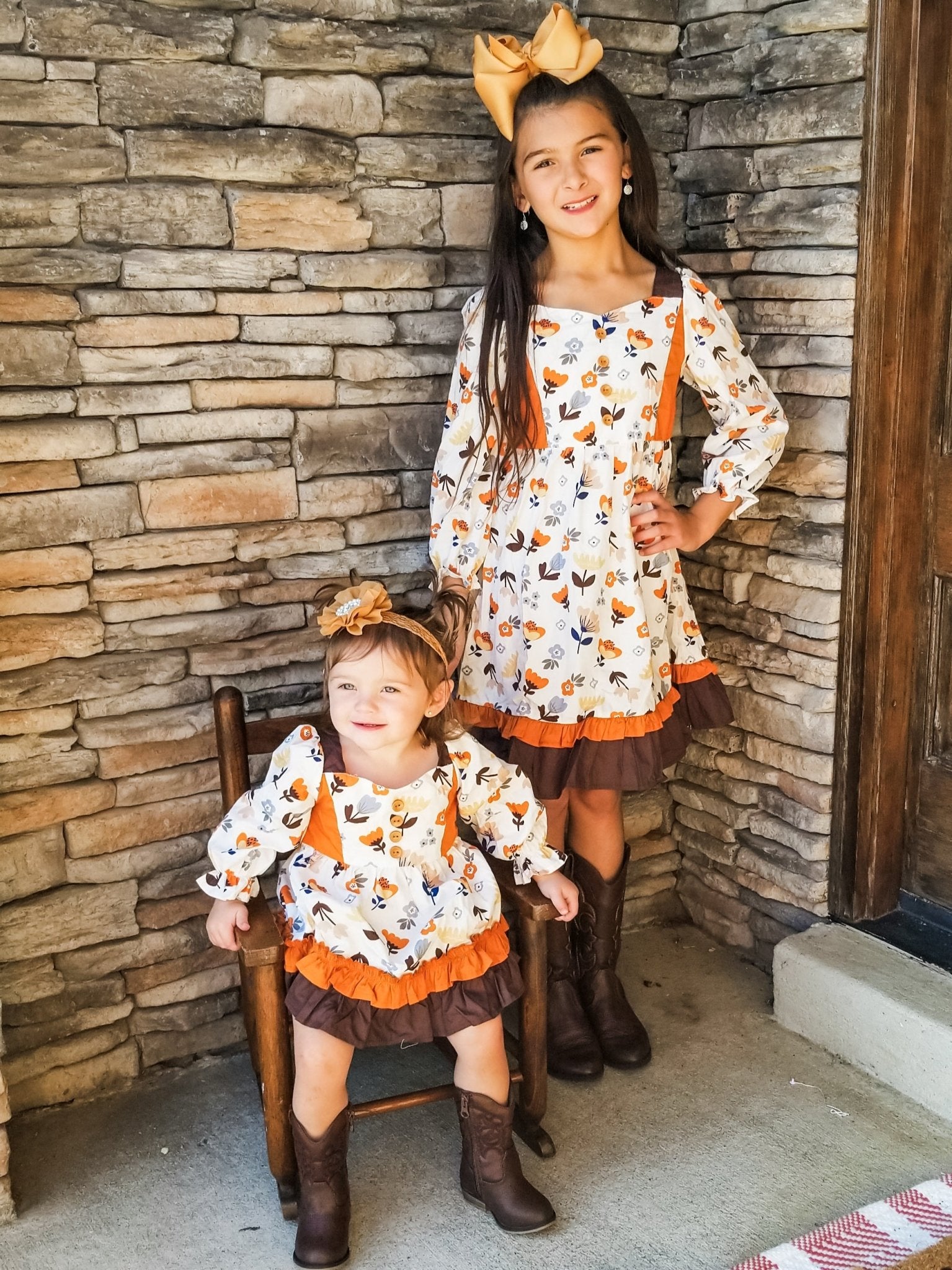 Orange & Brown Fall Floral Tiered Ruffle Dress - Marie Nicole Clothing