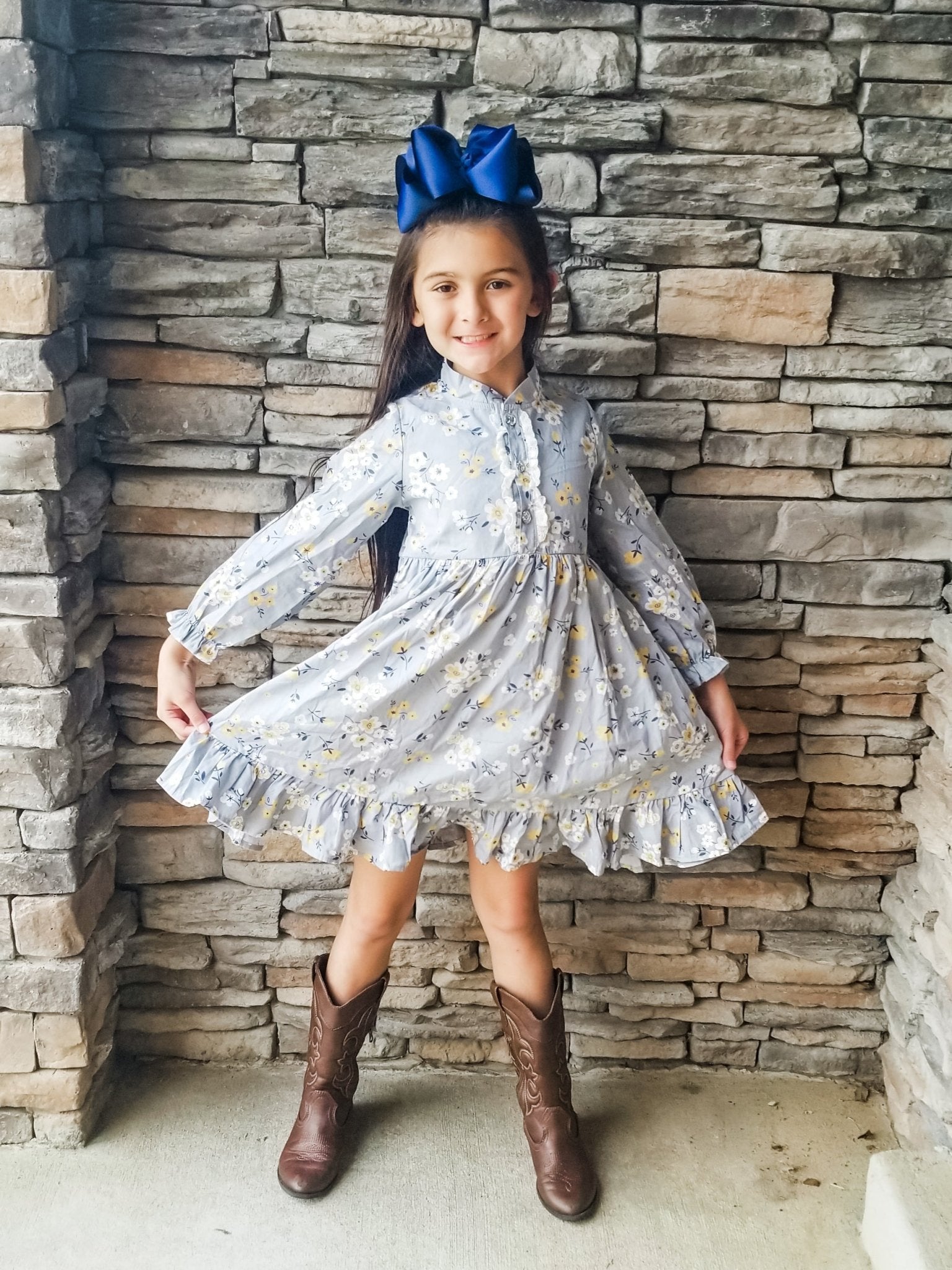 Light Grey & Yellow Floral Ruffle Dress - Marie Nicole Clothing