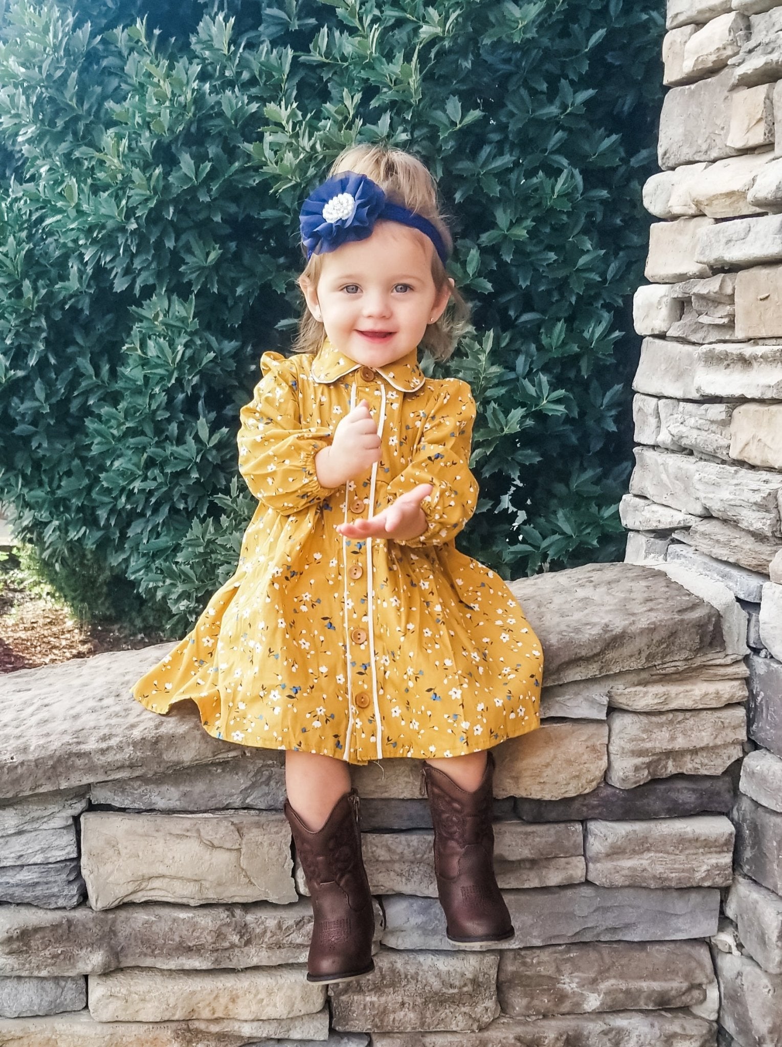 Dainty Floral Mustard Dress - Marie Nicole Clothing