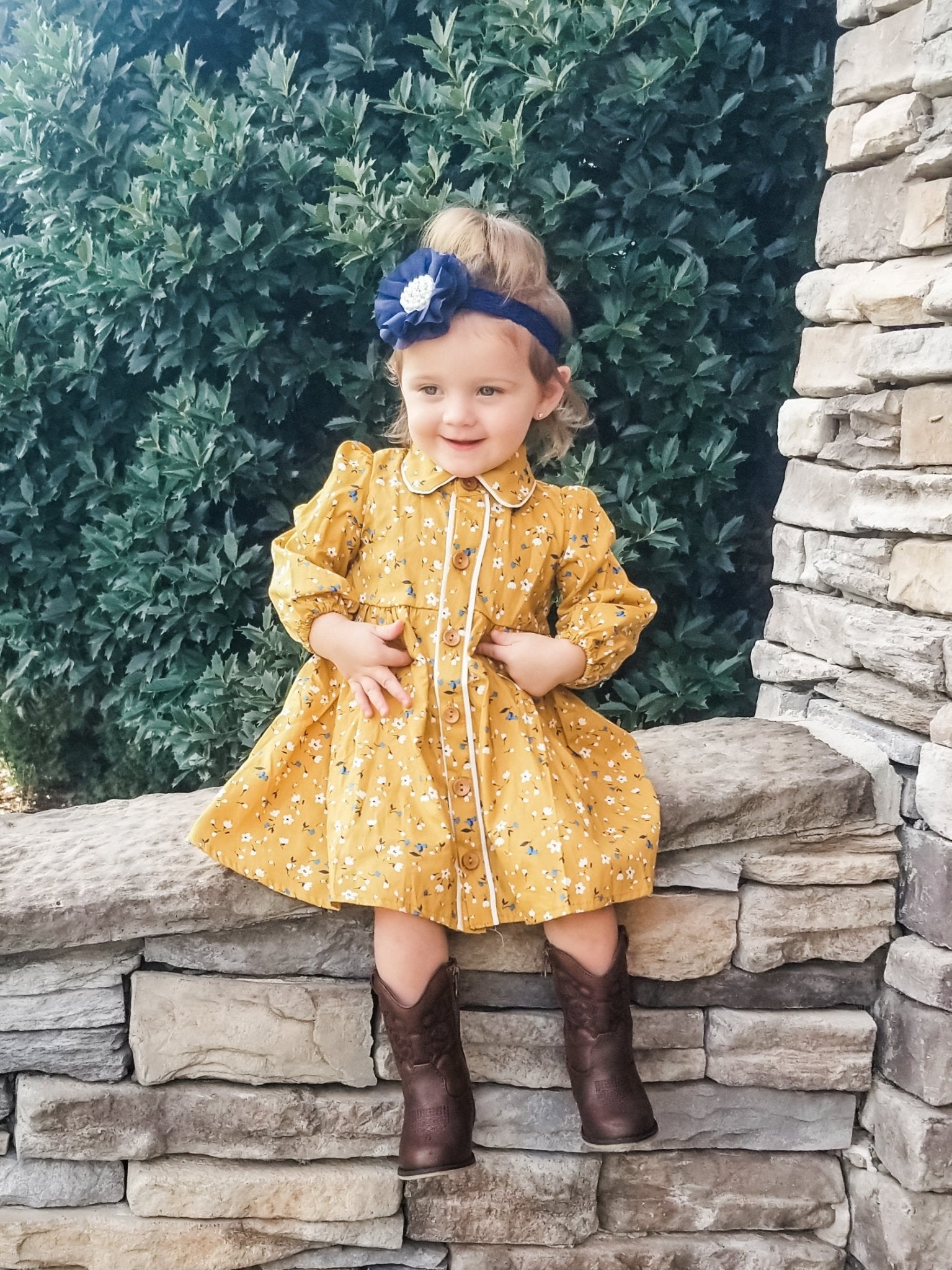 Dainty Floral Mustard Dress - Marie Nicole Clothing