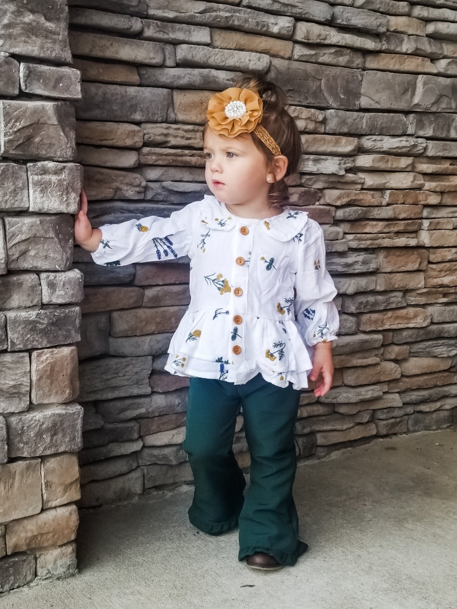 Forest Green Ruffle Bell Bottoms - Marie Nicole Clothing