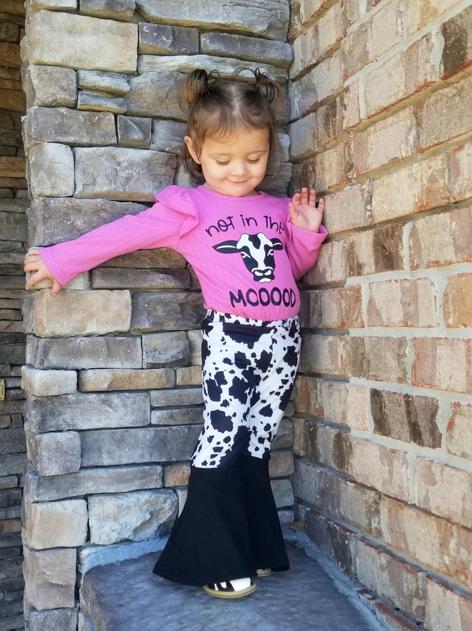 Fuchsia "Not In The MOOOOD" Ruffle Romper & Cow Print Bell Bottoms Outfit - Marie Nicole Clothing